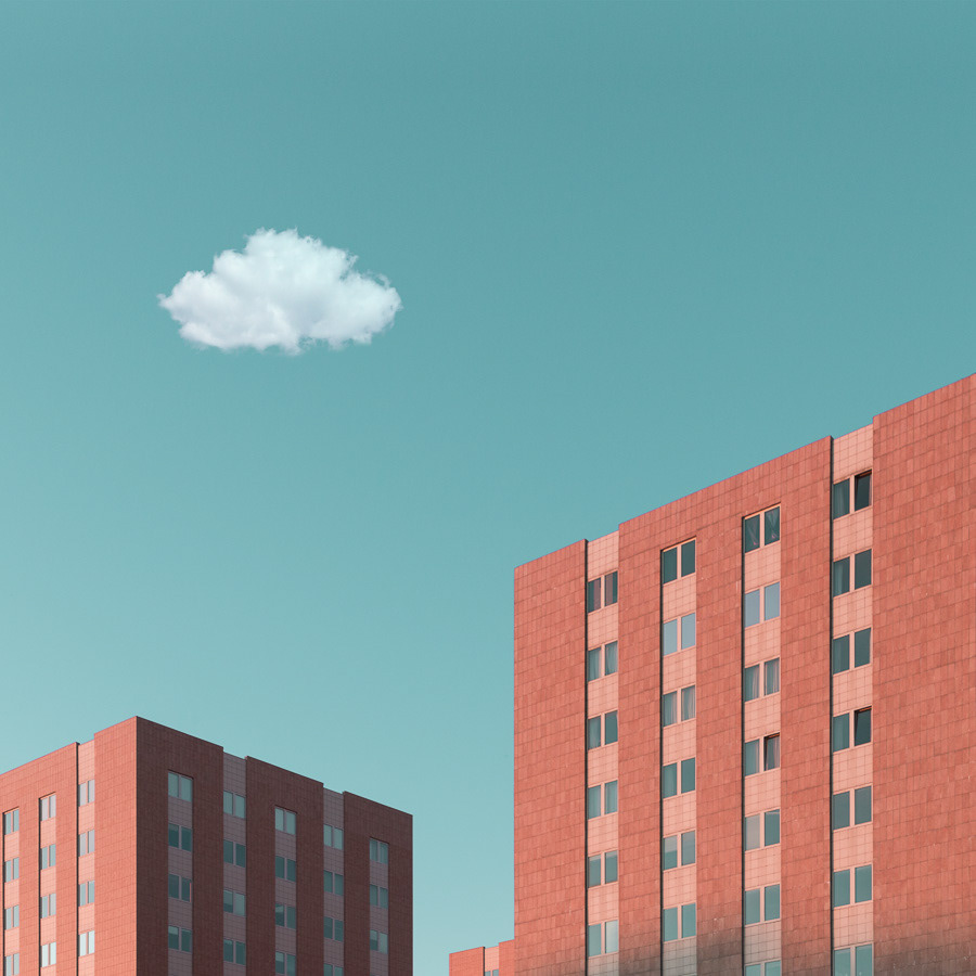 Three red buildings and one cloud (Architecture photography)
