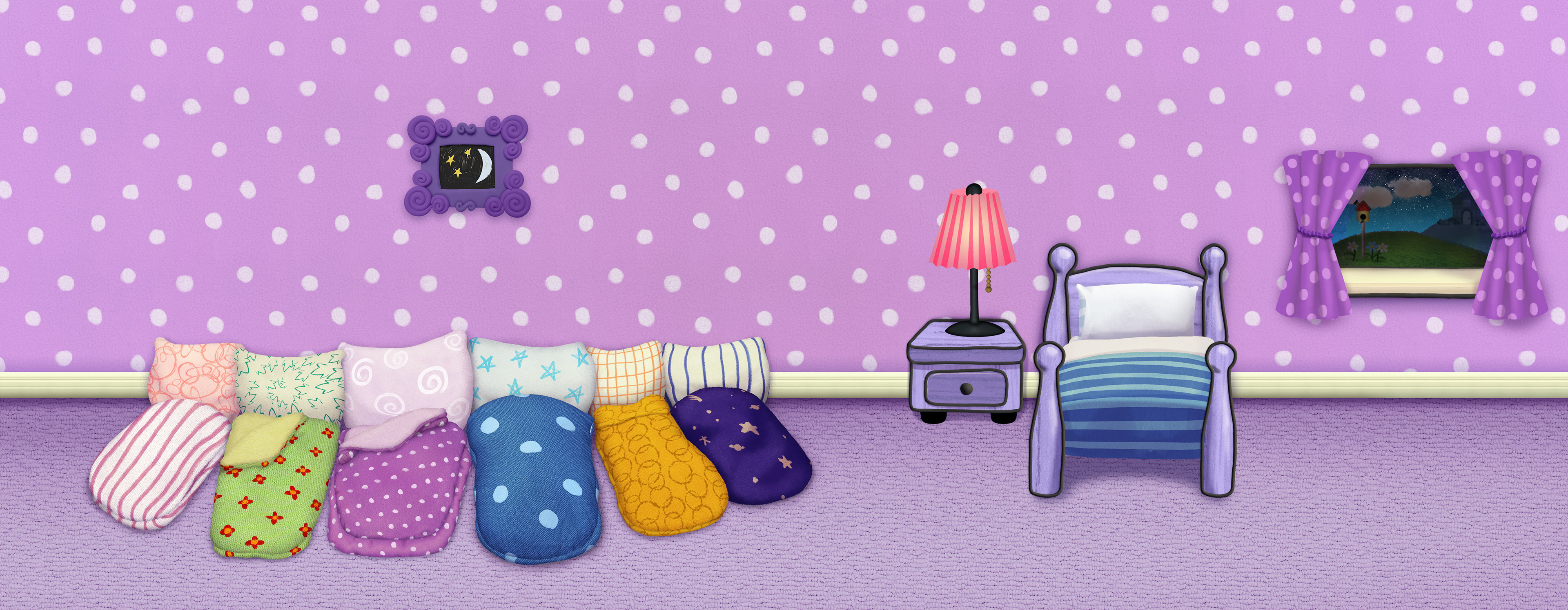 A sleep over! The various sleeping bags are from vector shapes, hand drawn patterns, Photoshop textures, and shading in pixels.