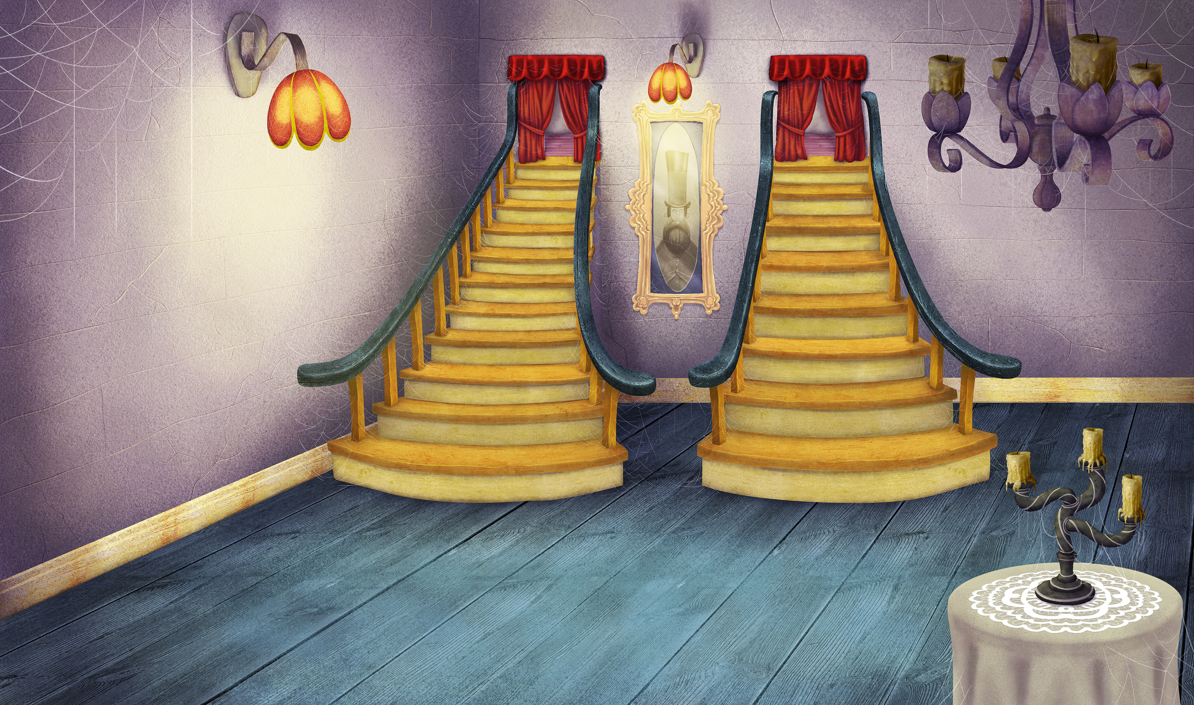 The haunted house has a room with two staircases right beside each other. Look, I just paint what I'm told to.
