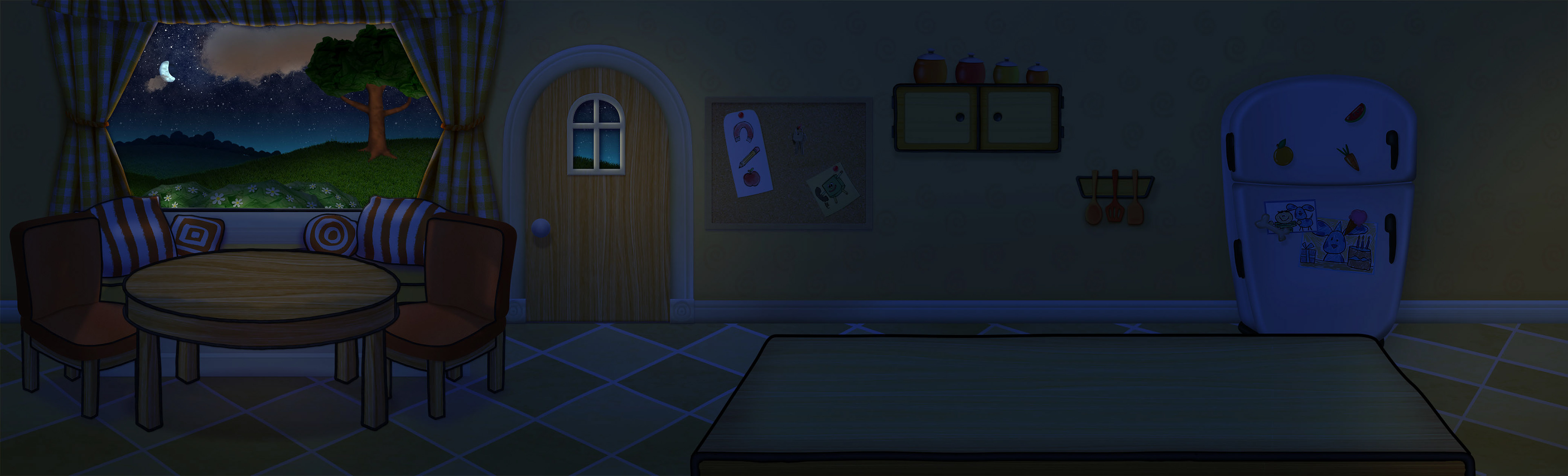 The kitchen at night.