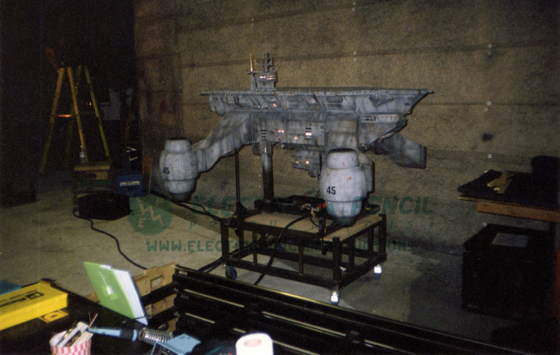 S.H.I.E.L.D. Helicarrier with lights, on set ready for it's closeup.