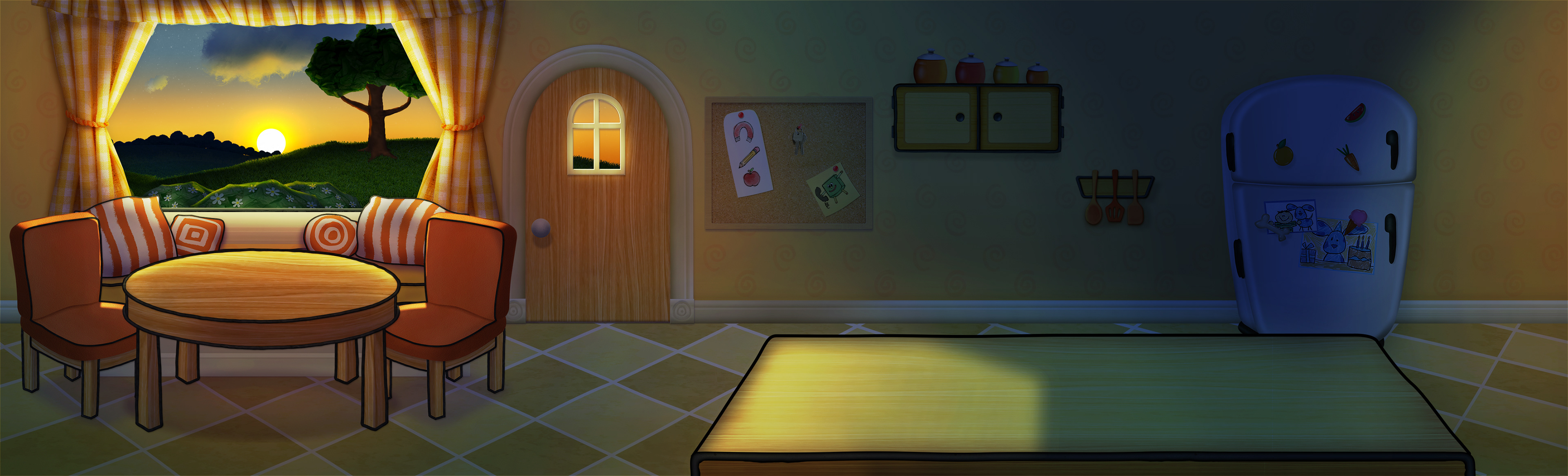 The kitchen at dusk.