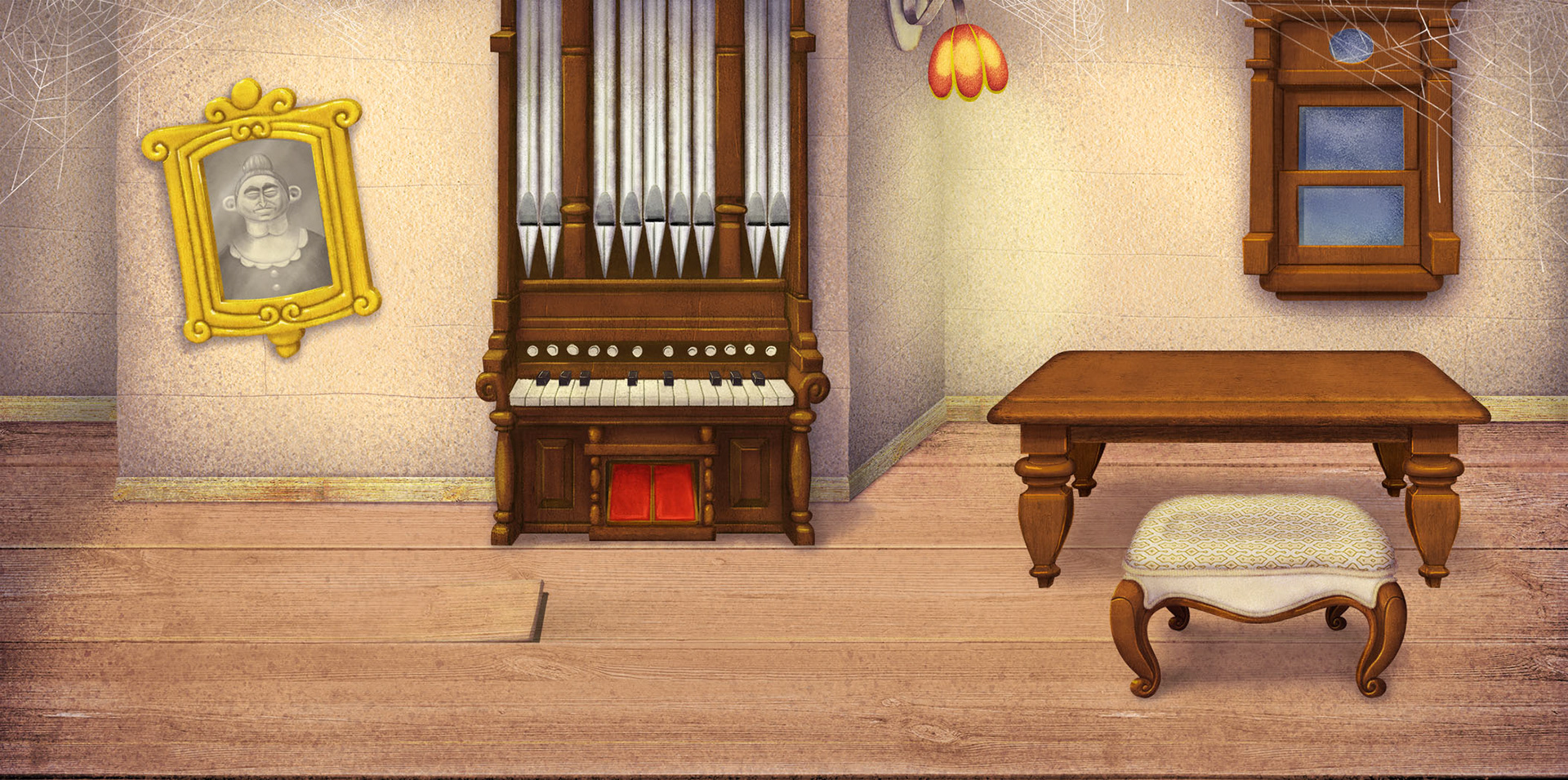 Another room in the haunted house. Vector shapes, photo textures of wood, hand painted shading and texture.