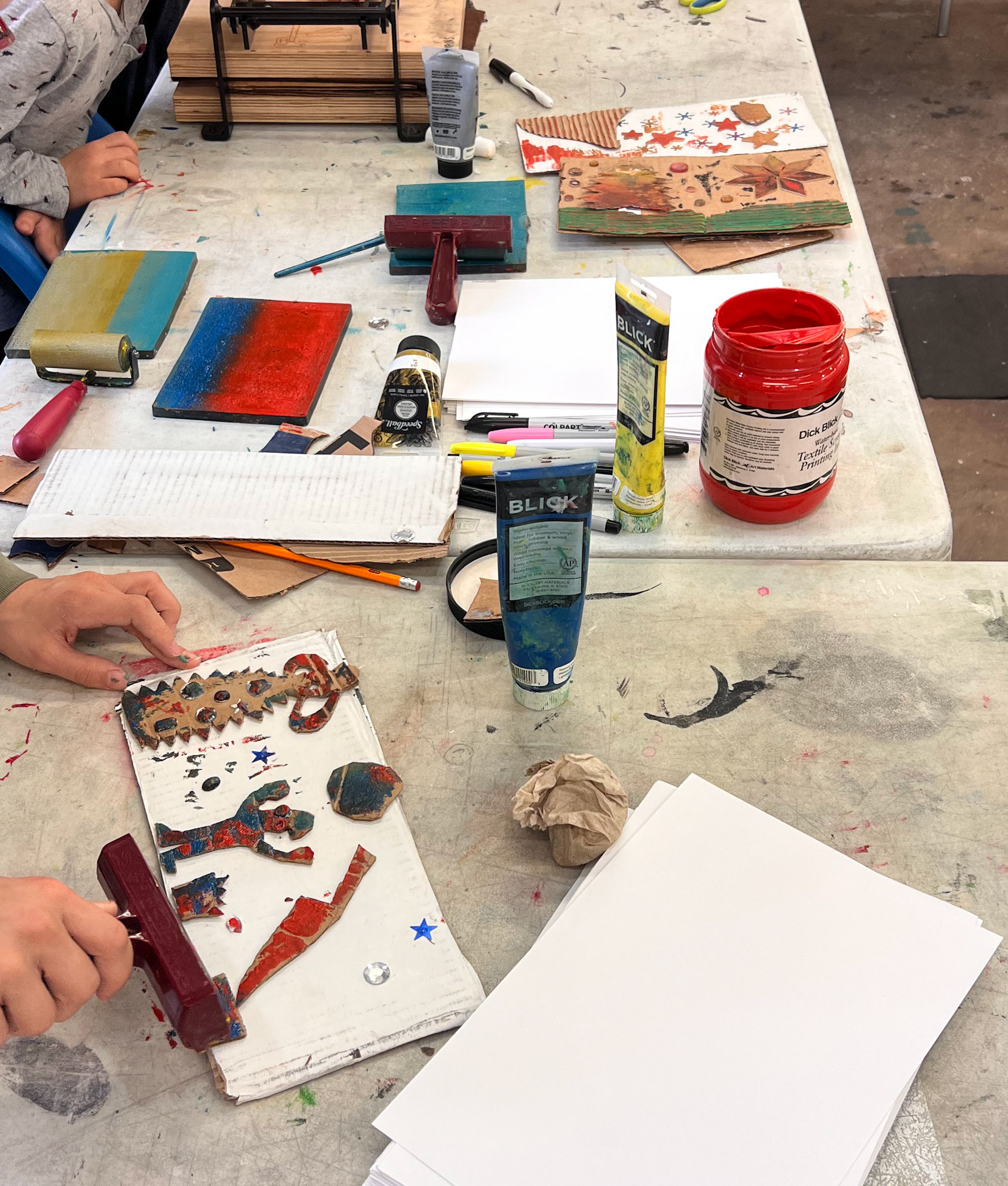 Alternative Print method with gel plate and cardboard stencils.