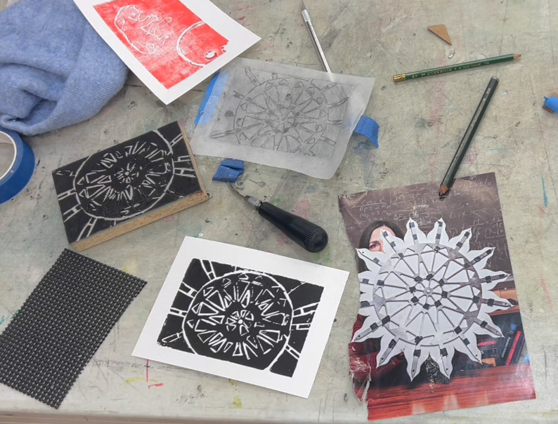 Inspired by images of Hilma Af Klimt's paintings and vintage National Geographic magazines, students traced a graphite stencil to transfer an image onto mounted linoleum. Using a table-top printing press and water-based relief print ink, guests carved and printed their own seasonal cards in multiple color ways using 130lb cotton card stock. 