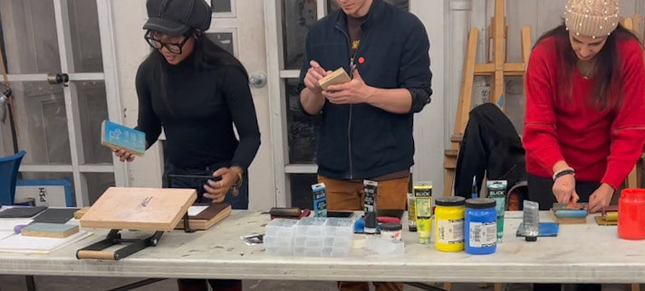 Inspired by images of Hilma Af Klimt's paintings and vintage National Geographic magazines, students traced a graphite stencil to transfer an image onto mounted linoleum. Using a table-top printing press and water-based relief print ink, guests carved and printed their own seasonal cards in multiple color ways using 130lb cotton card stock. 