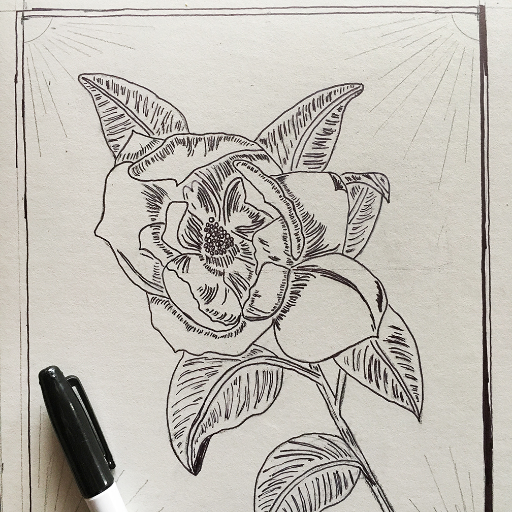 Original Magnolia drawing on linoleum block.