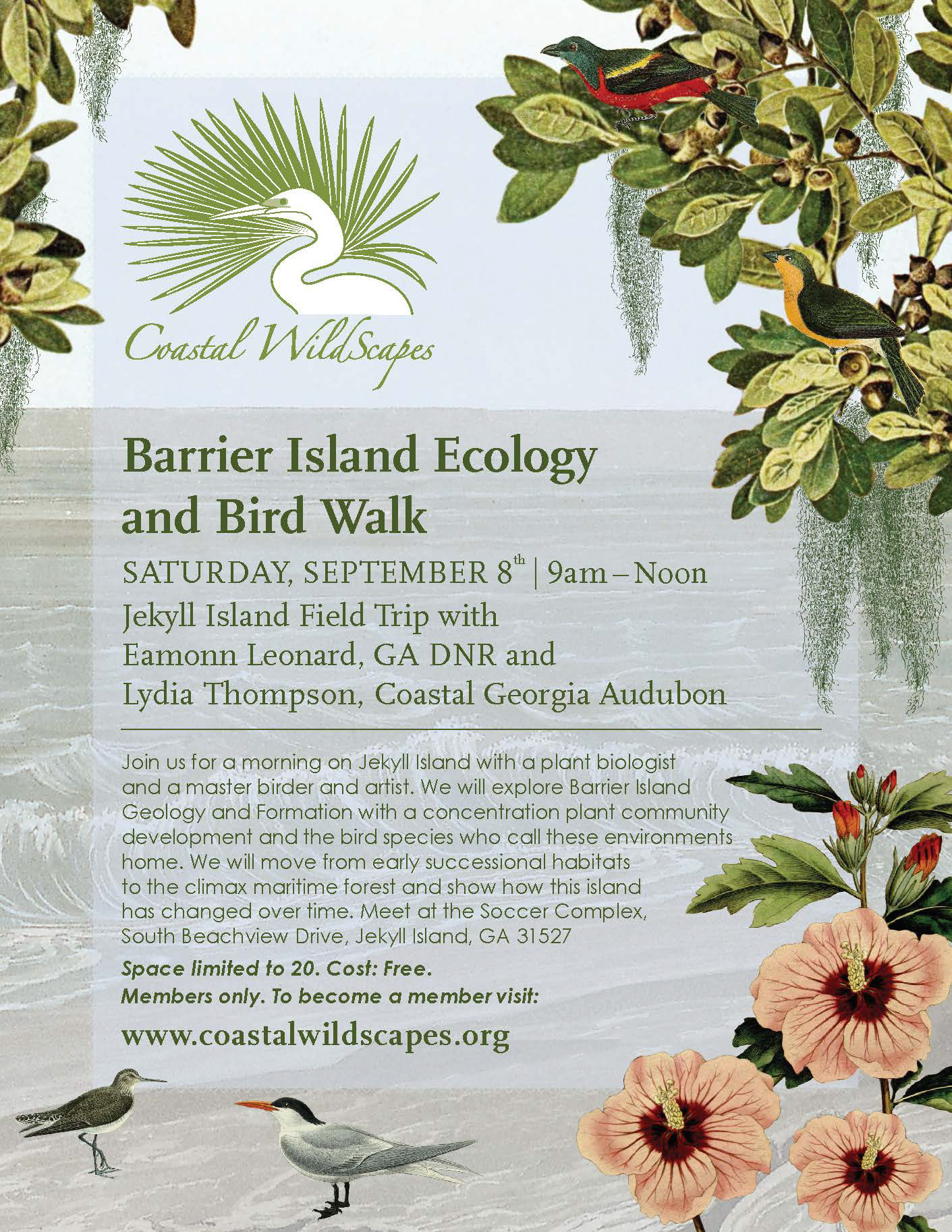 Letter-sized ad for Coastal WildScapes' educational bird walk.