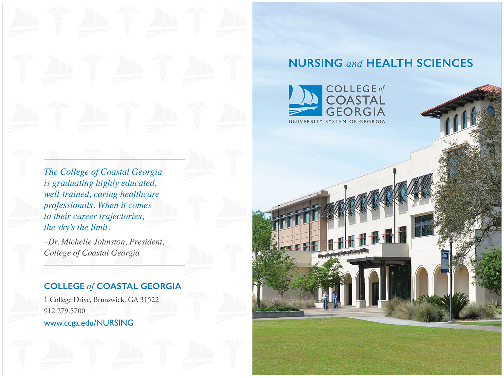 Front and back cover view of folder designed for the School of Nursing and Health Sciences to be used to included specific program information sheets and business card.