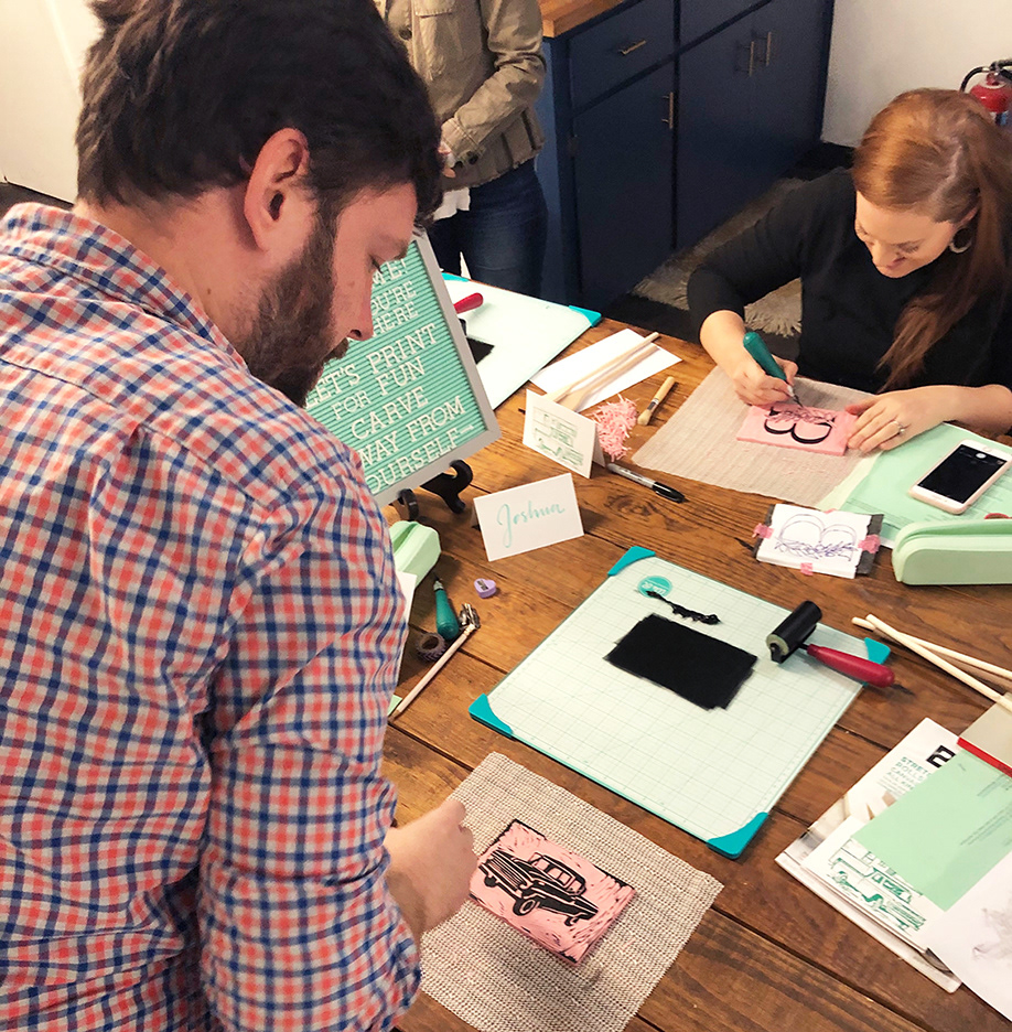 Busy printing and carving.