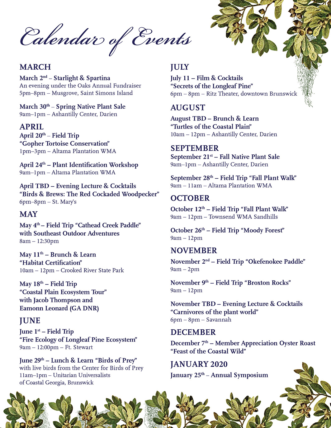 Calendar of Events included on the tables at the Starlight and Spartina event.