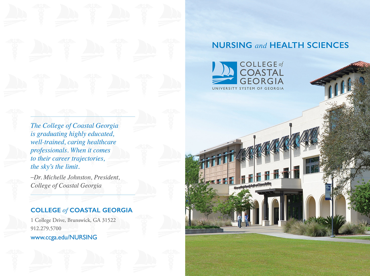 Front and back cover view of folder designed for the School of Nursing and Health Sciences to be used to included specific program information sheets and business card.