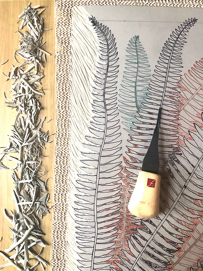 Linoleum carving work in process.