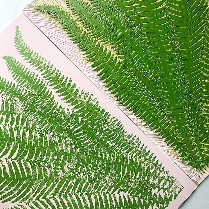 Mirror image! πΏFern I + IIπΏ Very pleased with the impression made from linoleum block to linoleum block!β¬οΈβ¬οΈ Seeing them next to each other makes me so excited to get carving on the second fern!πͺ