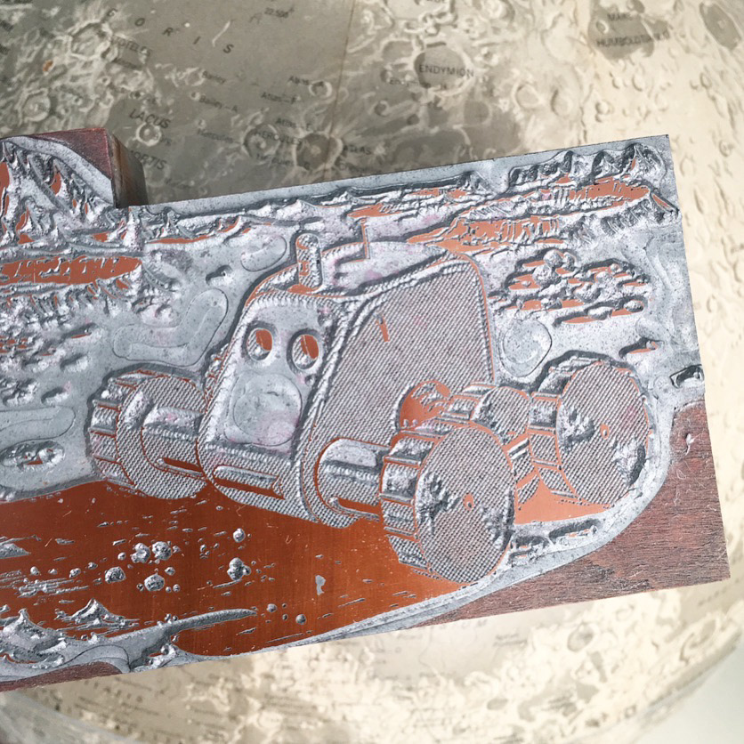 Vintage space robot print block.