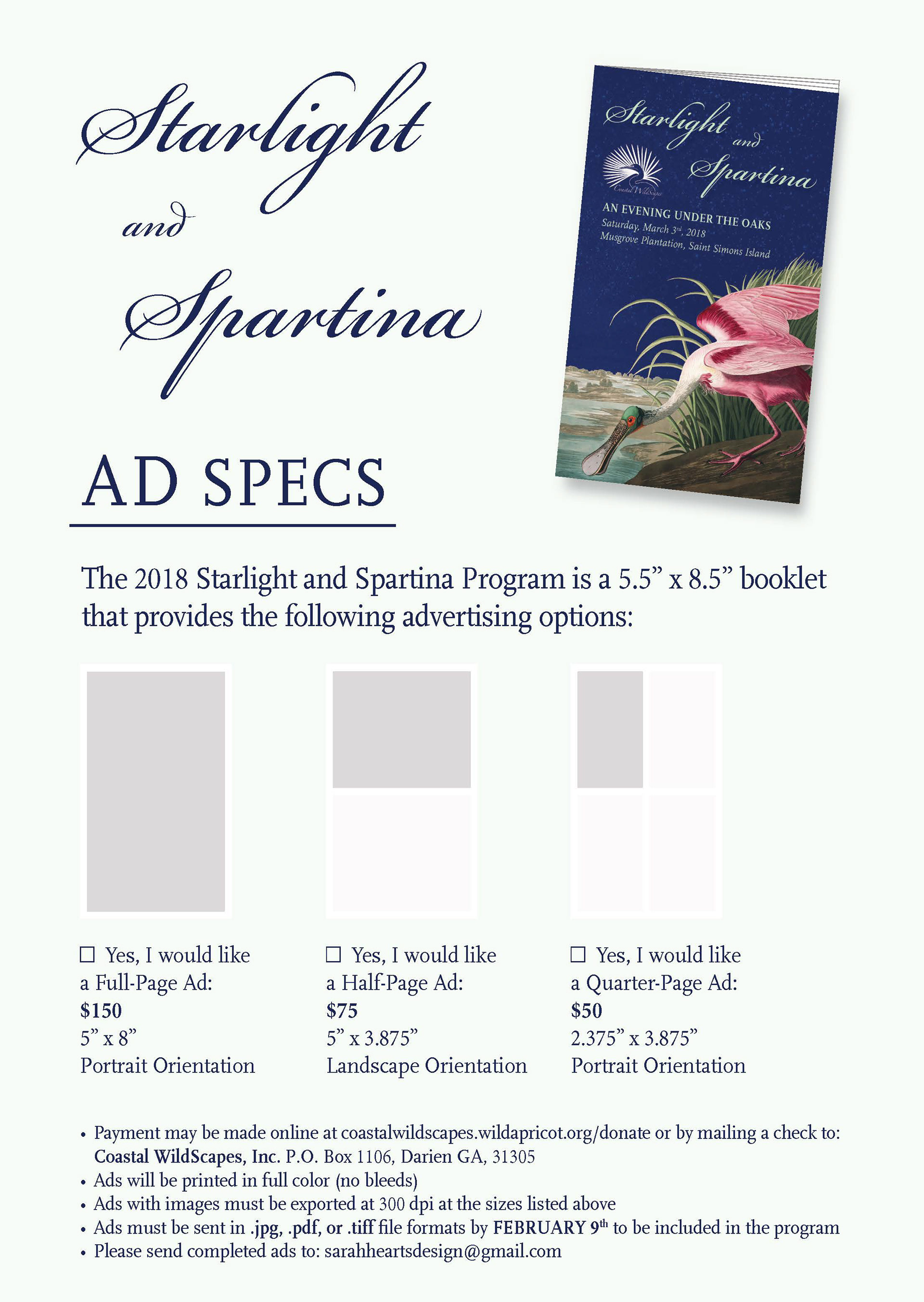 Coastal WildScapes' ad specs Sheet for annual fundraising event, Starlight and Spartina.