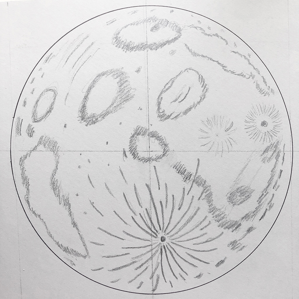 Drawing the moon on the linoleum block.