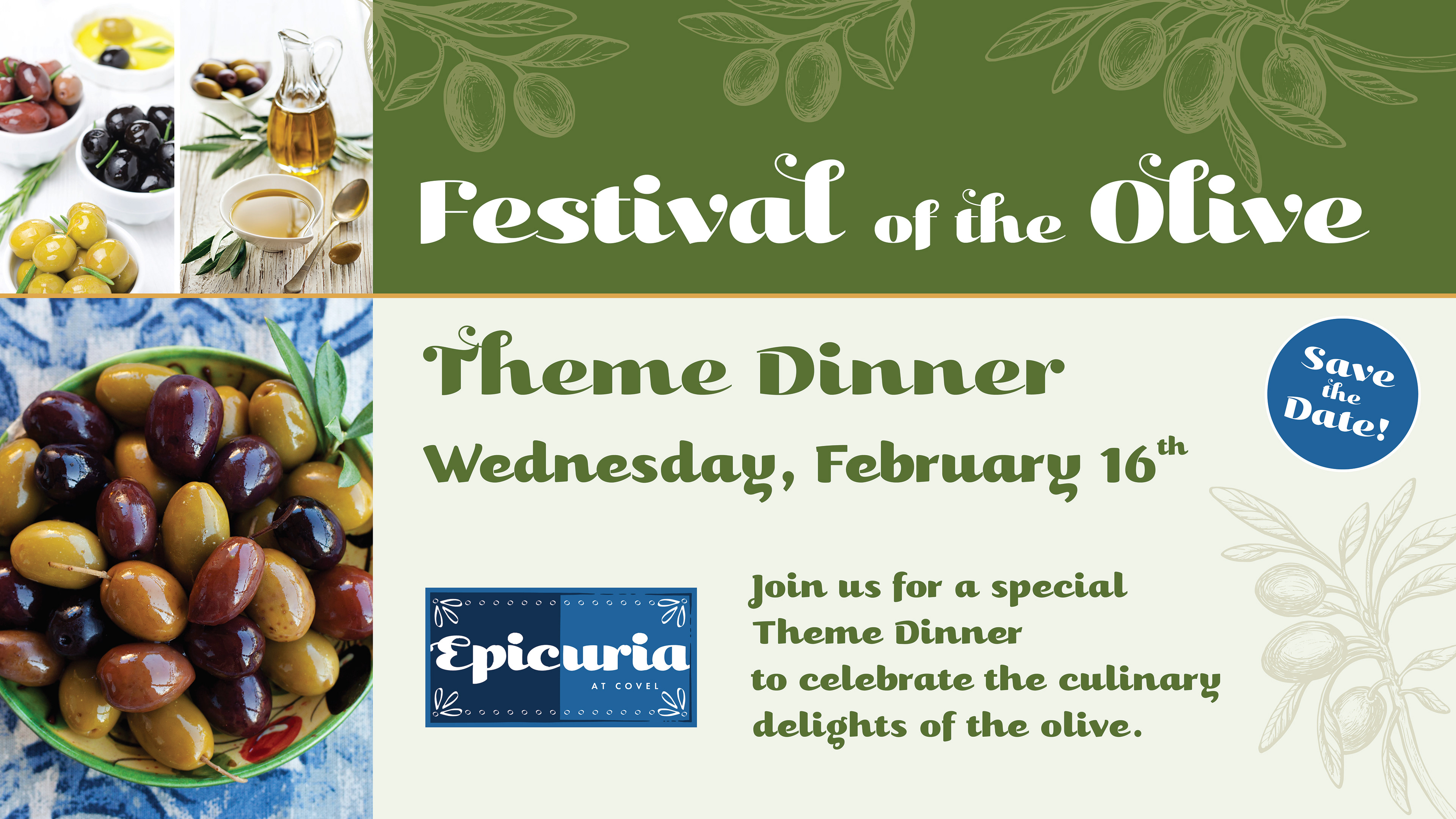 Digital spotlight screen to advertise special theme dinner, ran on screens throughout dining and residential buildings.