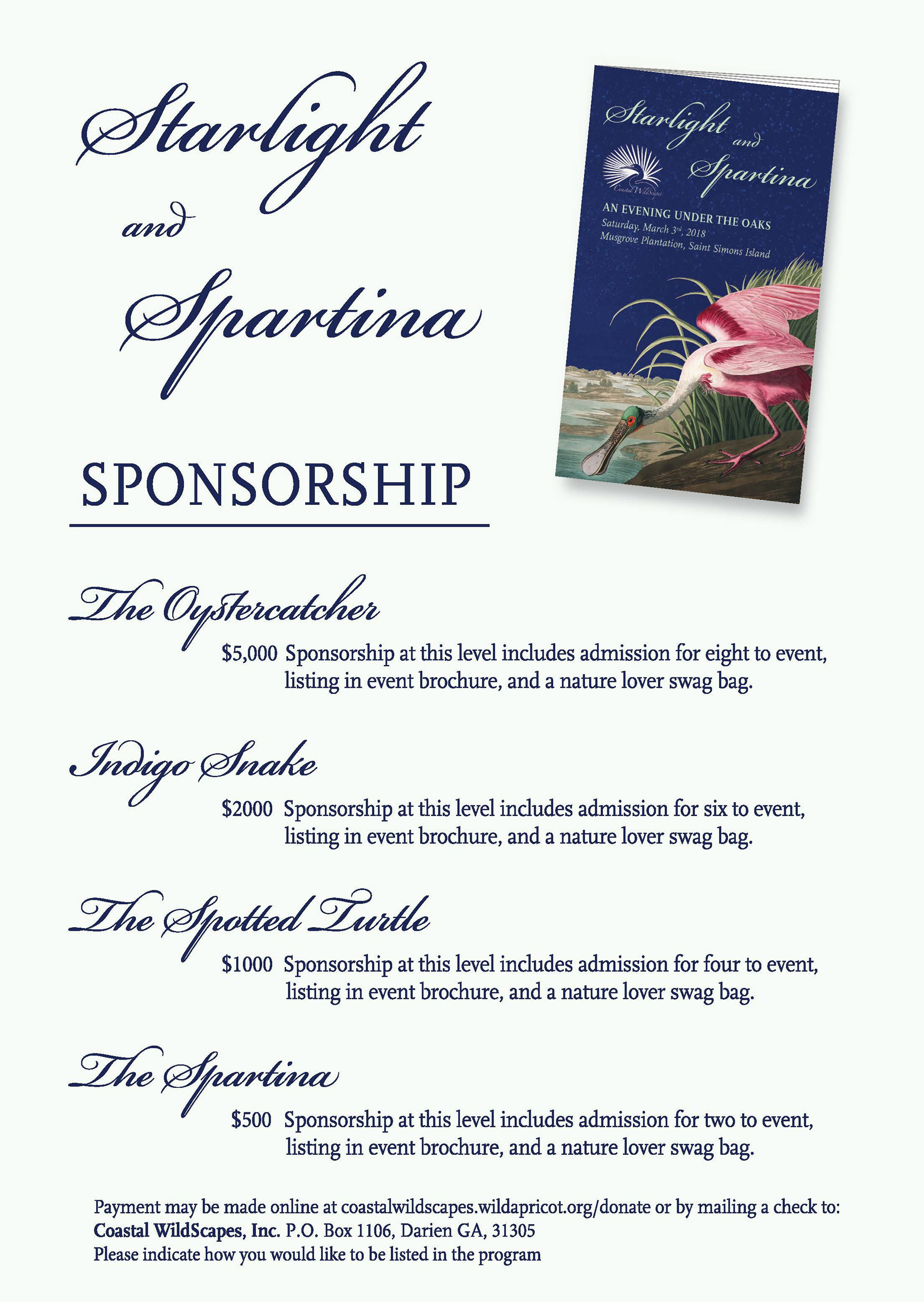 Coastal WildScapes' sponsorship sheet for annual fundraising event, Starlight and Spartina.