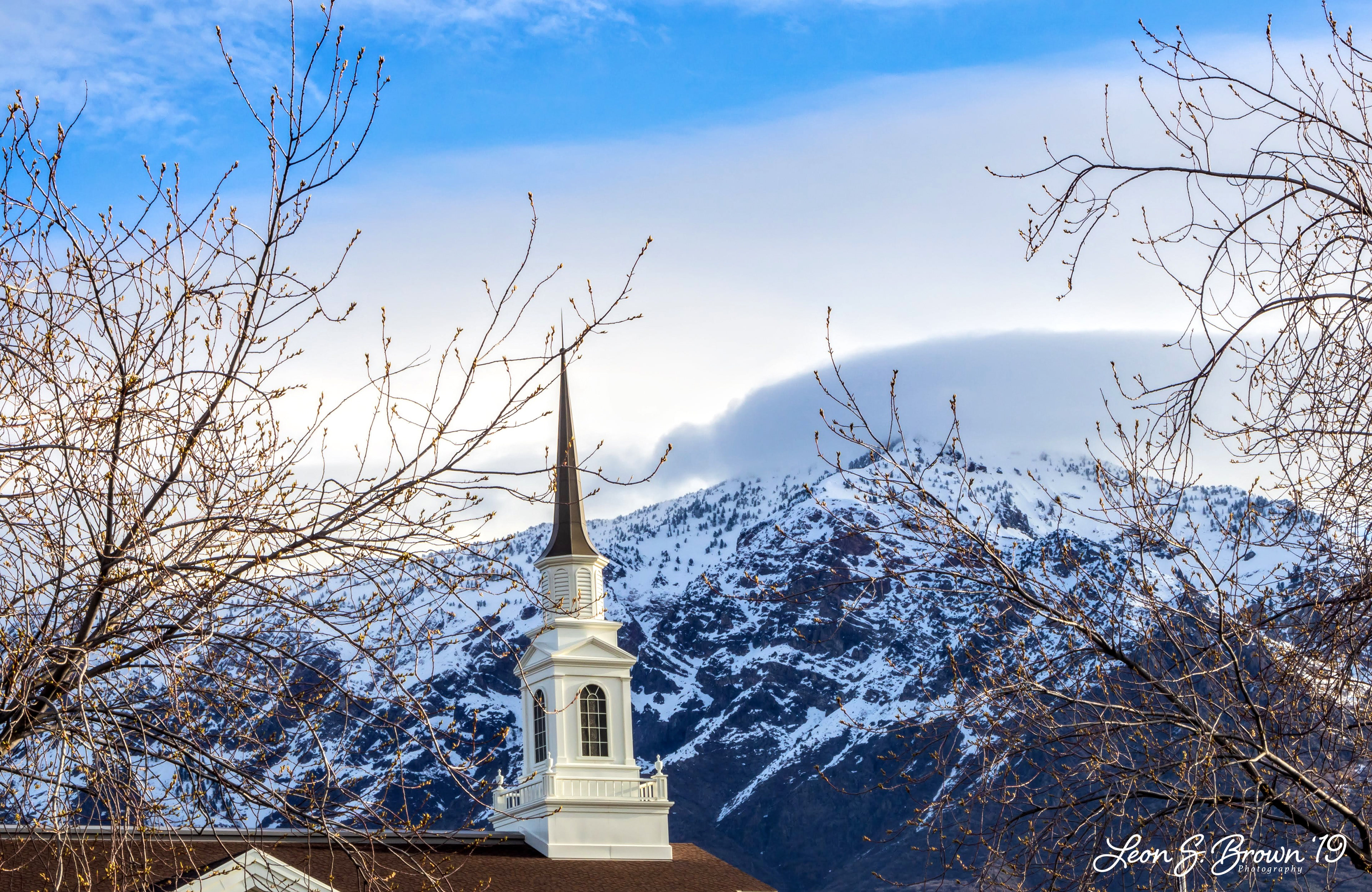 Church Steeple and Wasatch Mountains
