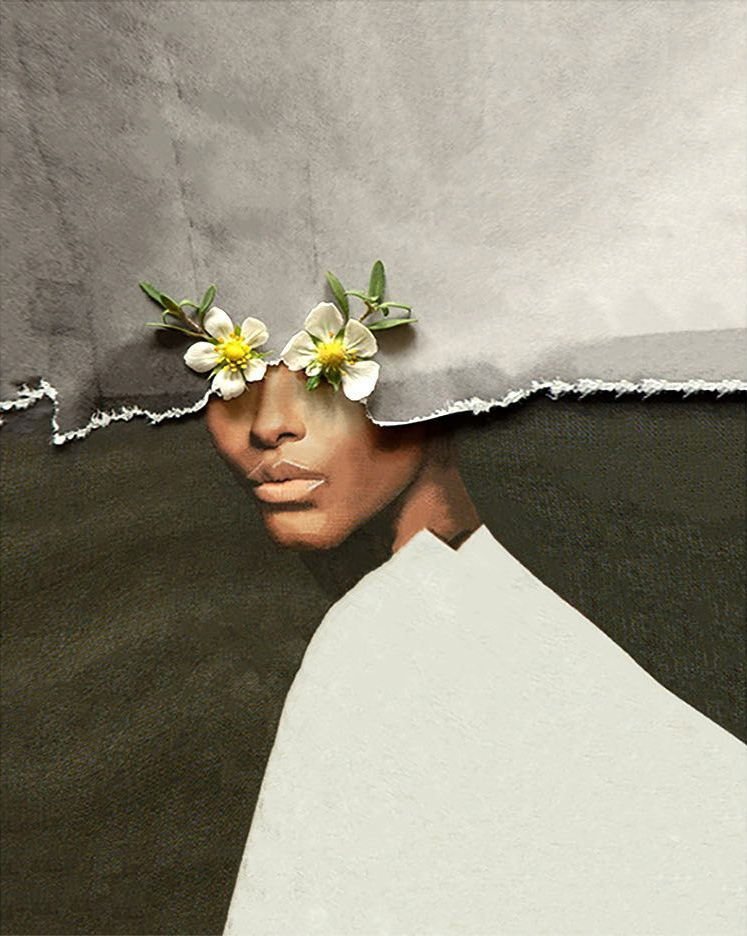 I like the use of mixed media with this piece. Its quite a simple concept but the flowers for eyes is an effective look.