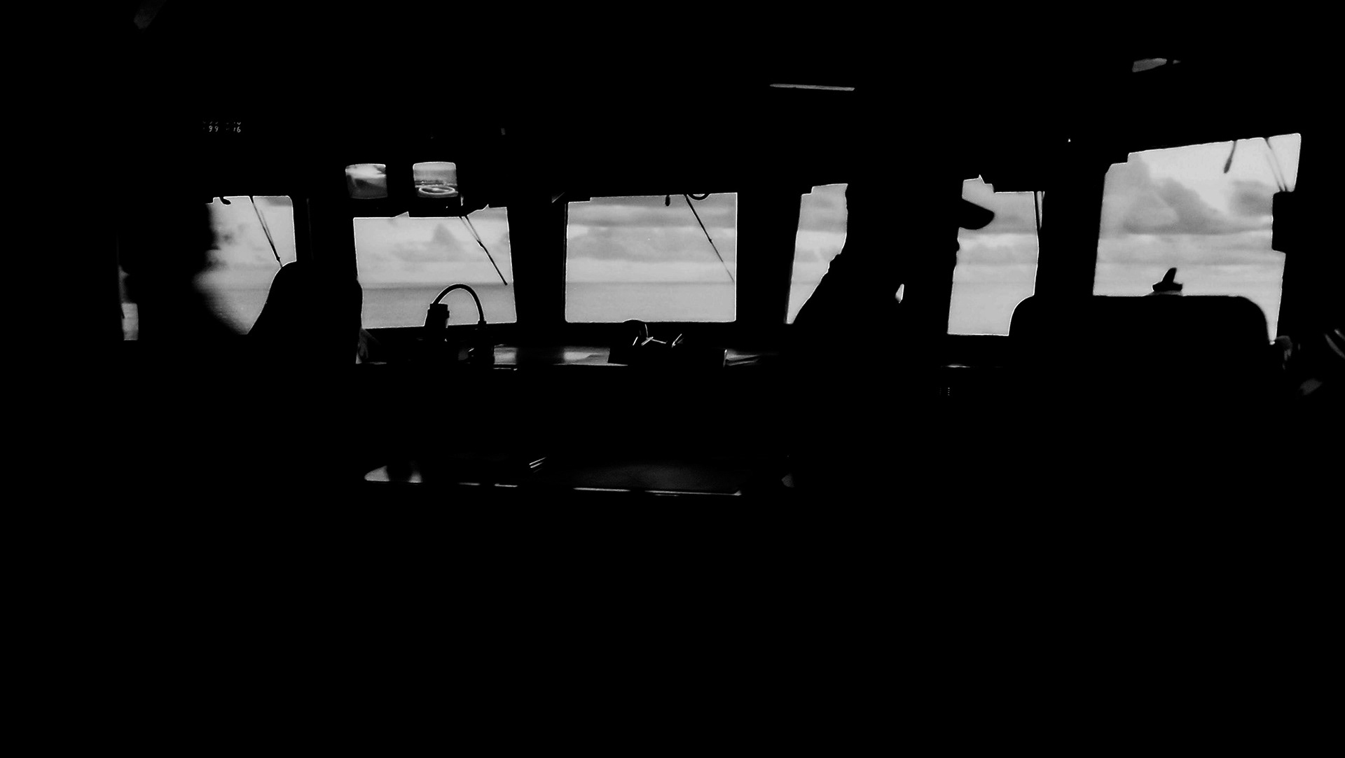 Black and white image taken on the bridge of a U.S. Navy warship by Ryan Bucchianeri.