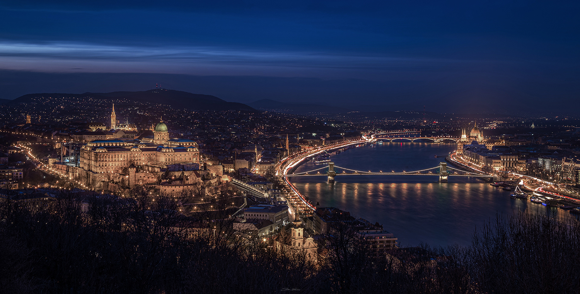 Buda Castle Royal Palace and Széchenyi Chain Bridge by night