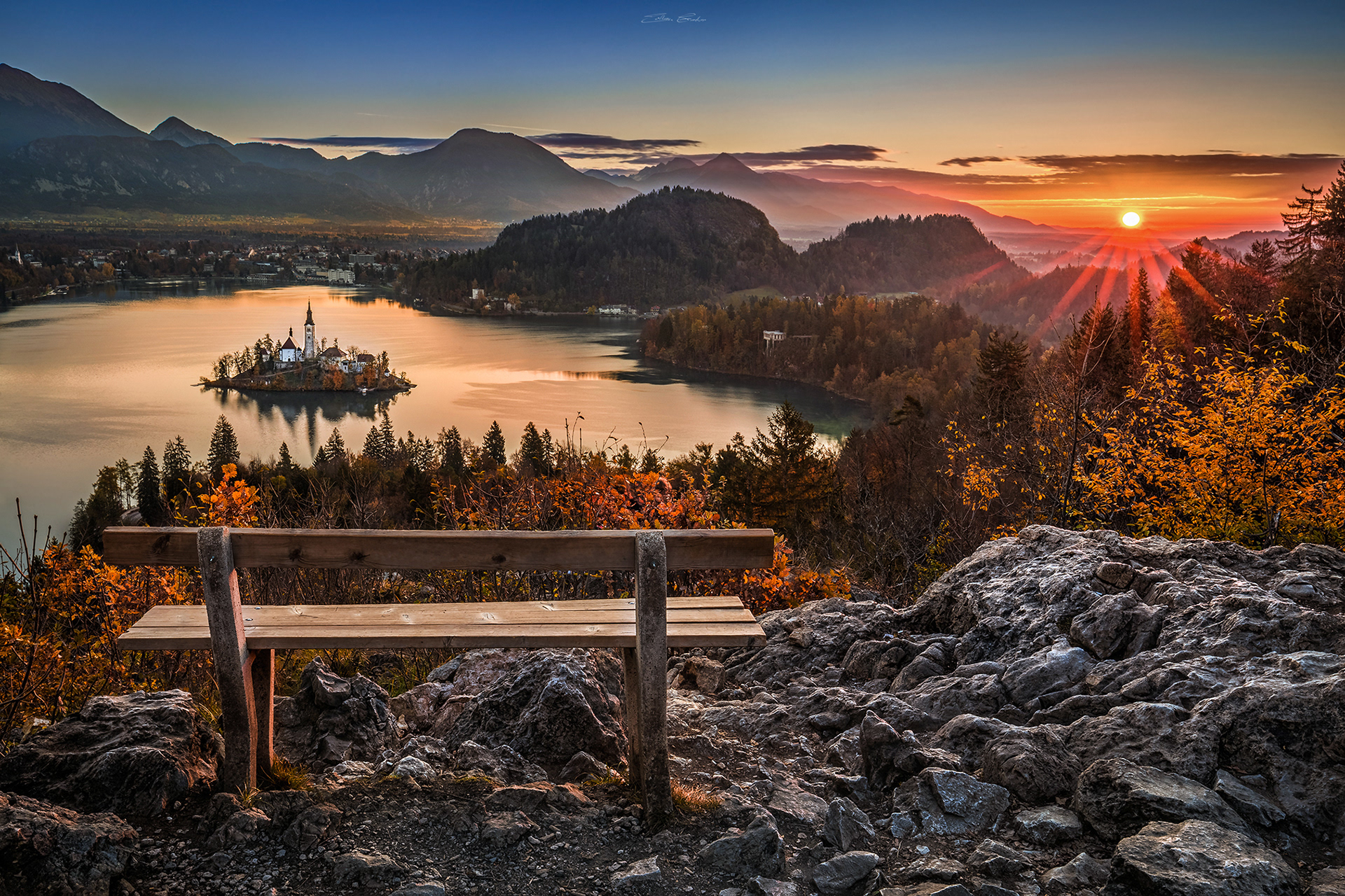 Love Bench and Bled Island at sunrise