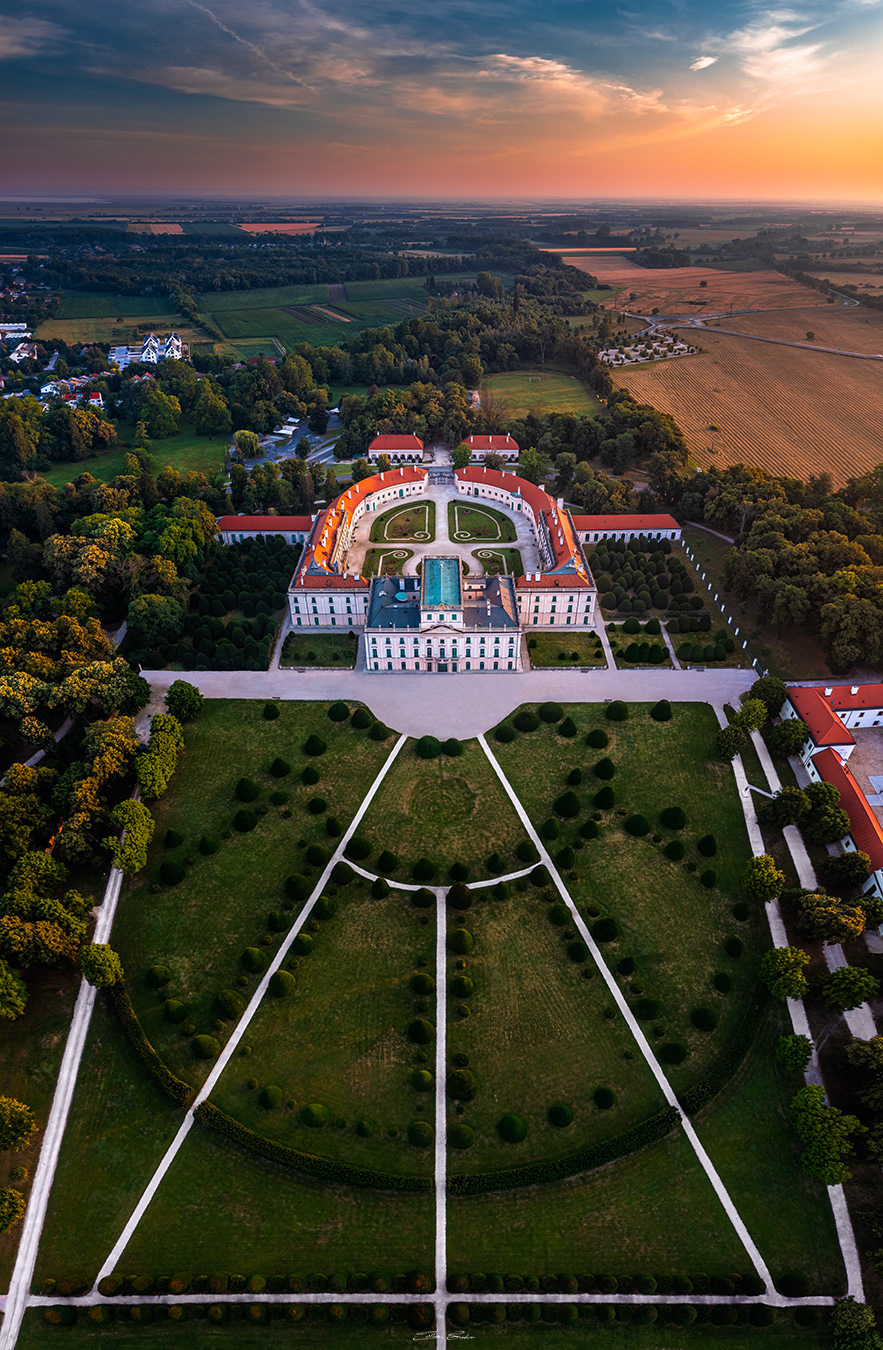 Eszterhazy Palace at sunrise from above