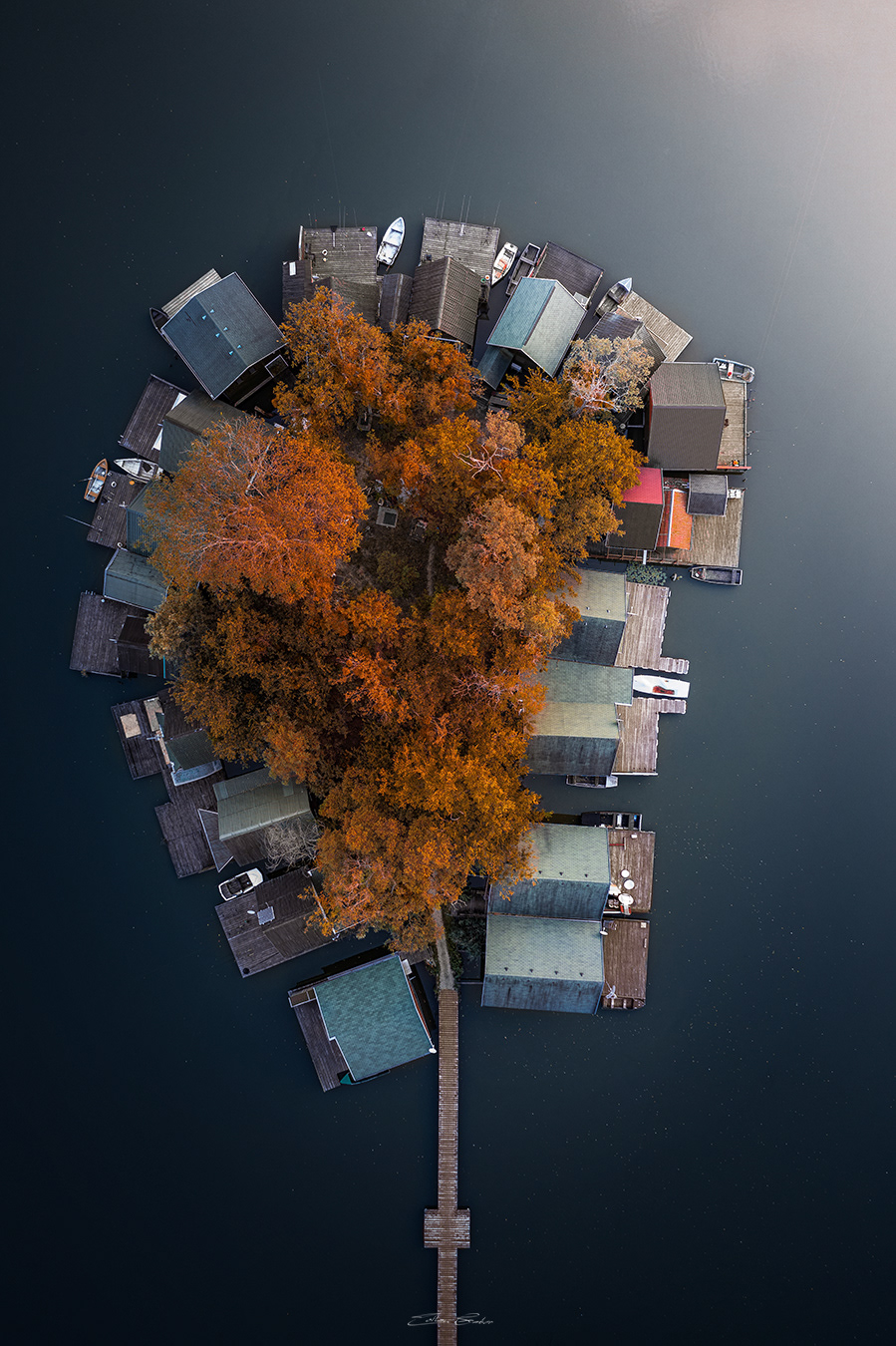 Small Island with Fishing Huts at autumn