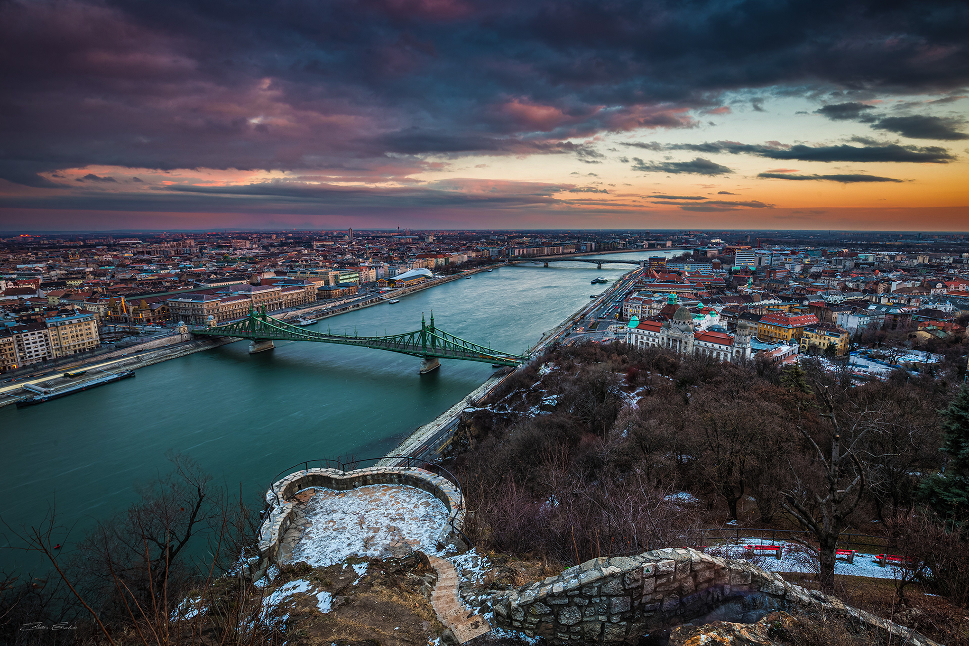 Winter sunrise over Budapest with Liberty Bridge