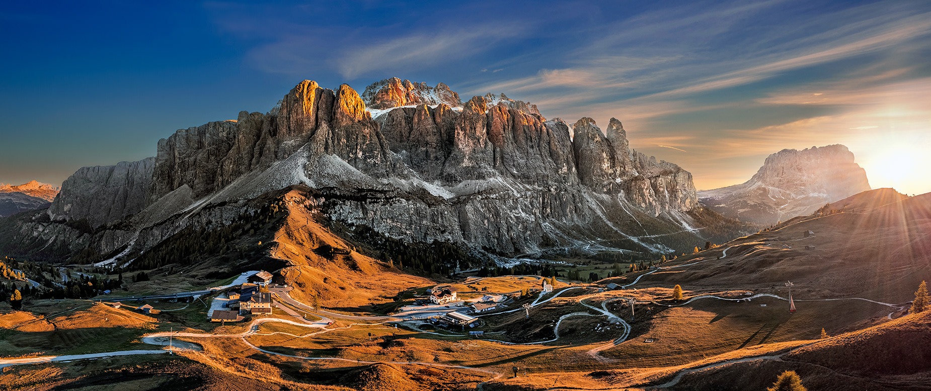 Aerial panoramic view of Brunecker Turm at Gardena Pass