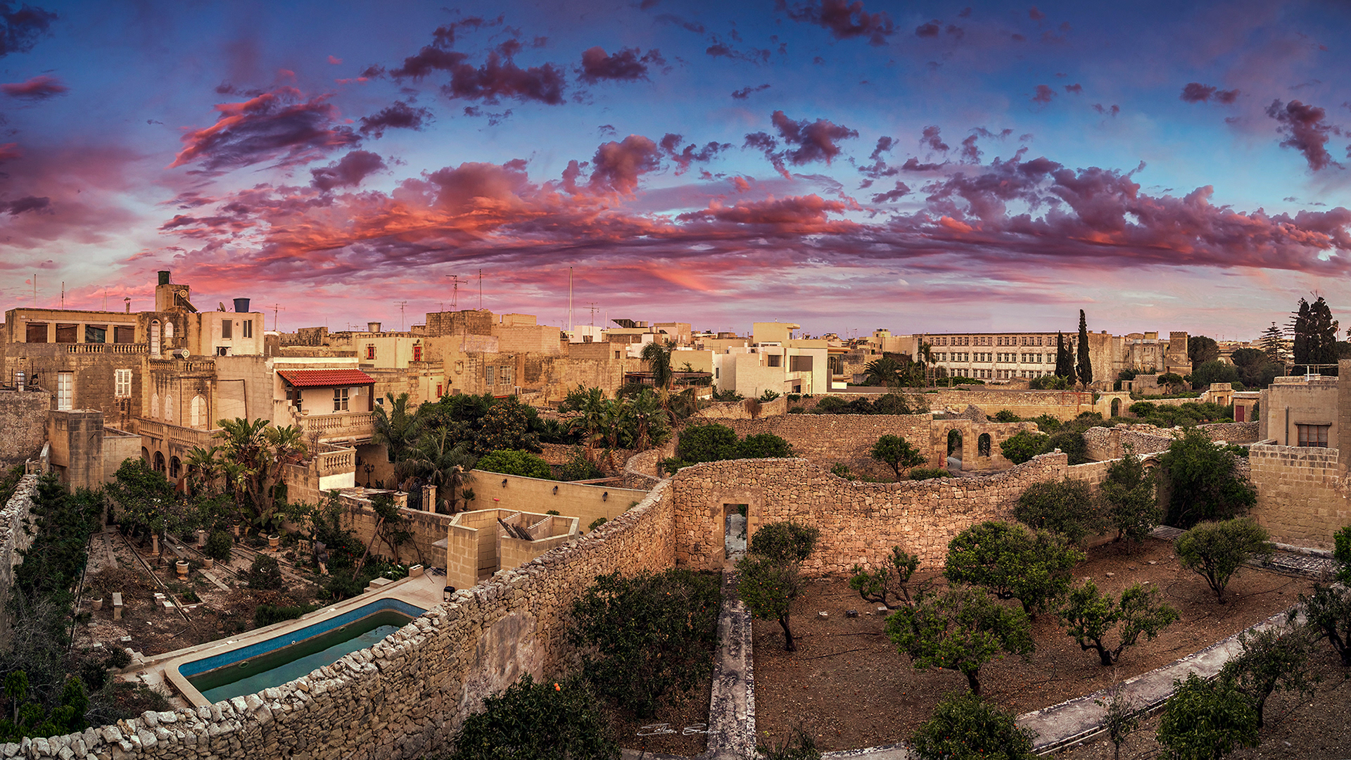 Forbidden garden with colorful sunset at Mosta - Malta
