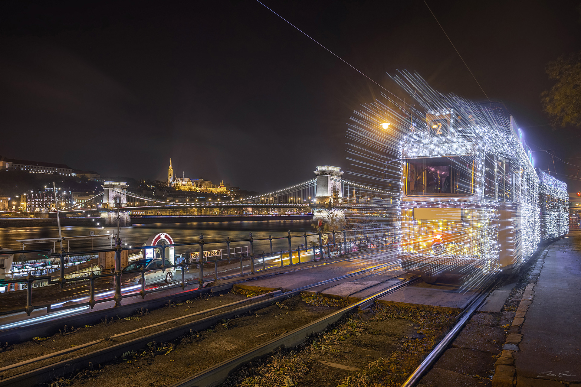 Christmas Light Tram with the Széchenyi Chain Bridge - Budapest, Hungary