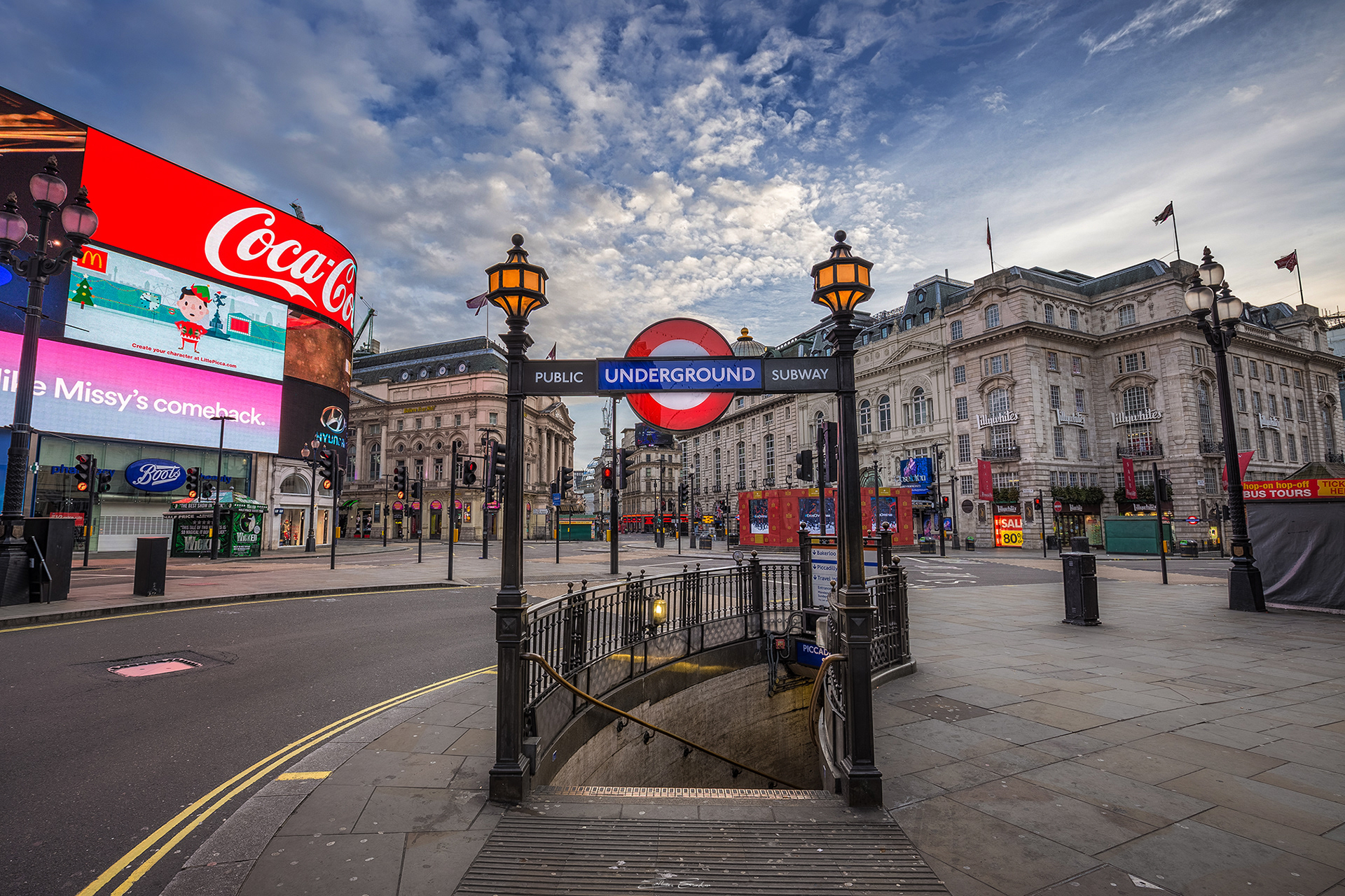 Tube entrance at the totally empty Piccadilly Circus on Christmas morning - 25th of December