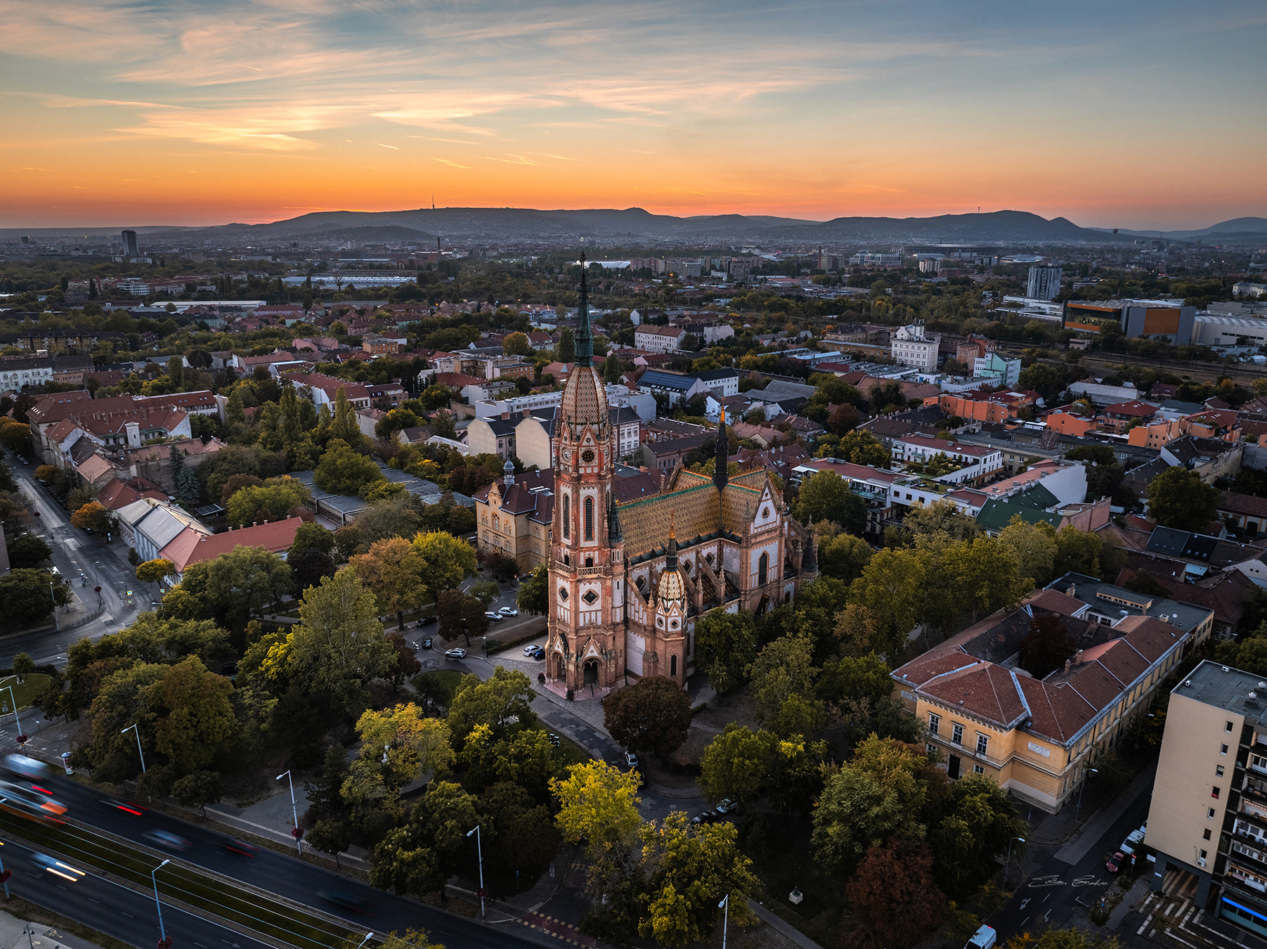 The Church of St. László from above at sunset