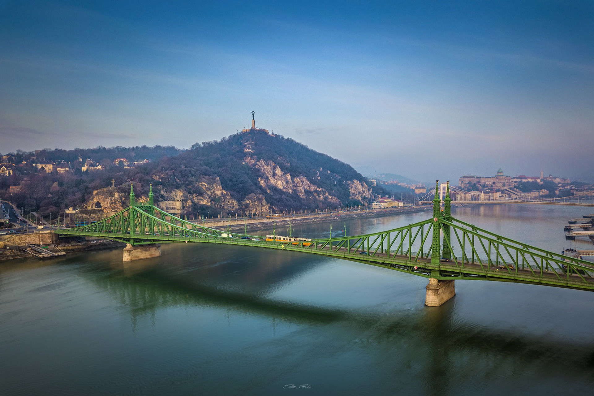 Liberty Bridge and Gellert Hill with Yellow Tram