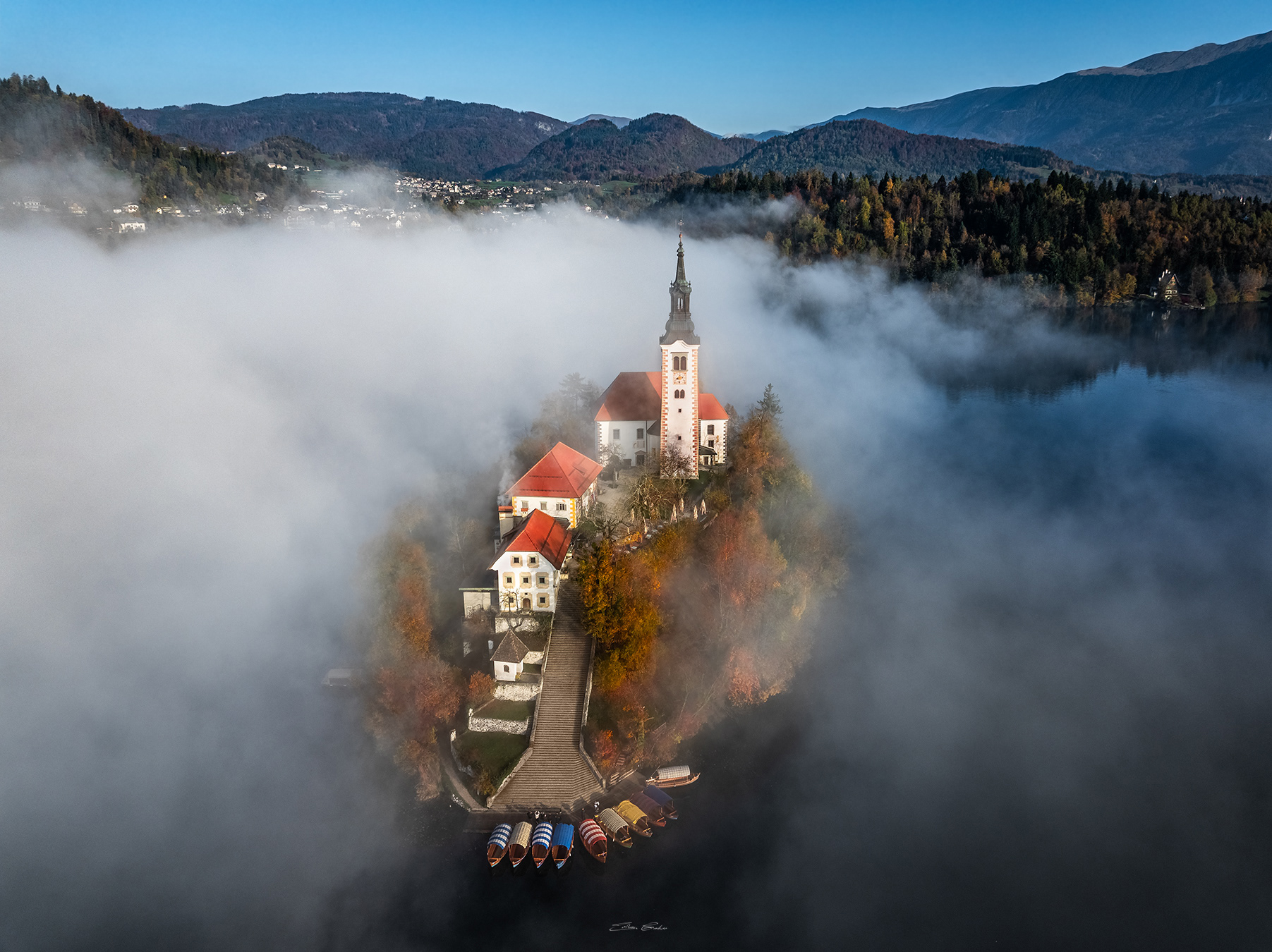 Bled Island from above on a foggy autumn morning