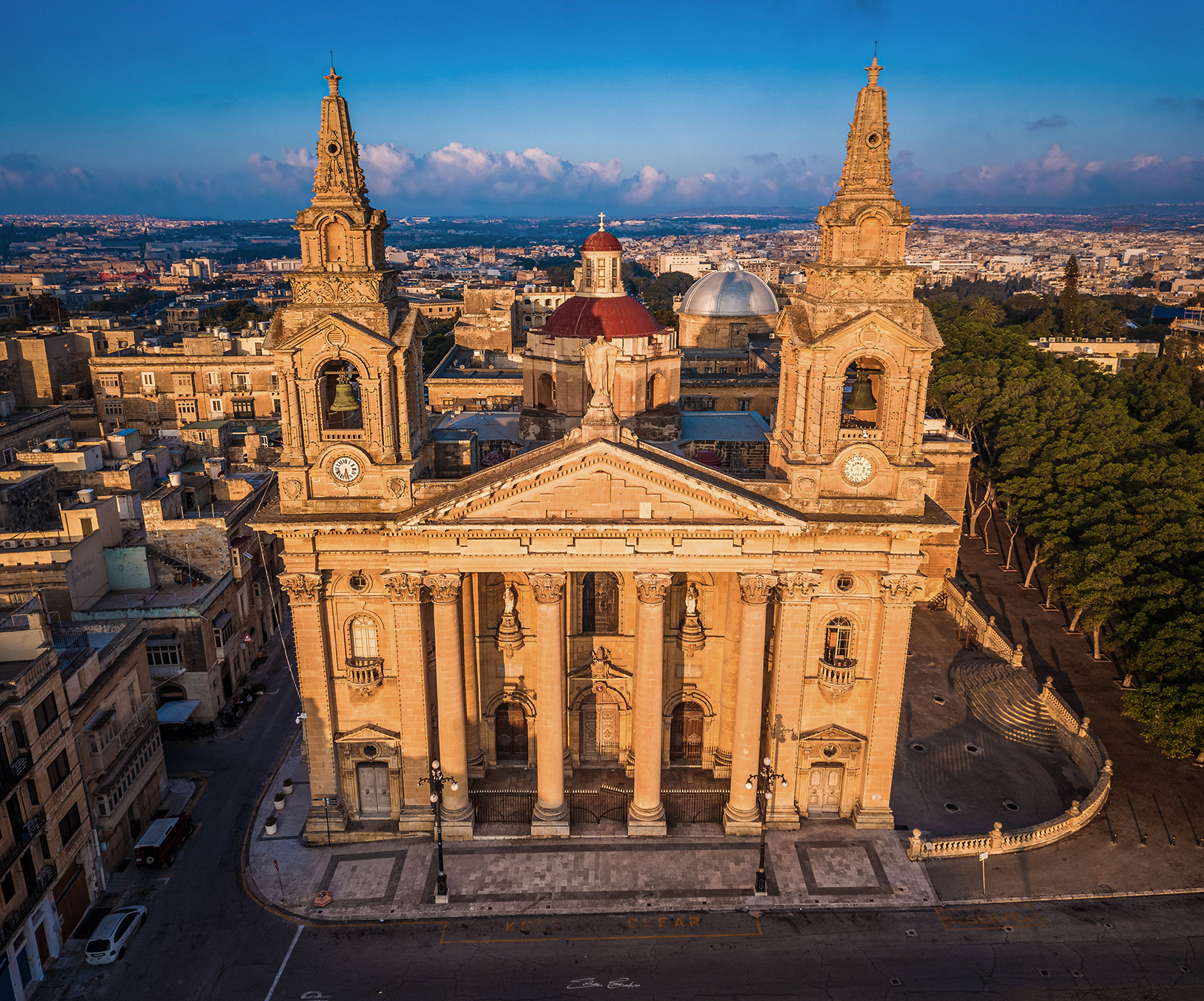 The Saint Publius Parish Church or Floriana Parish Church from above at sunrise