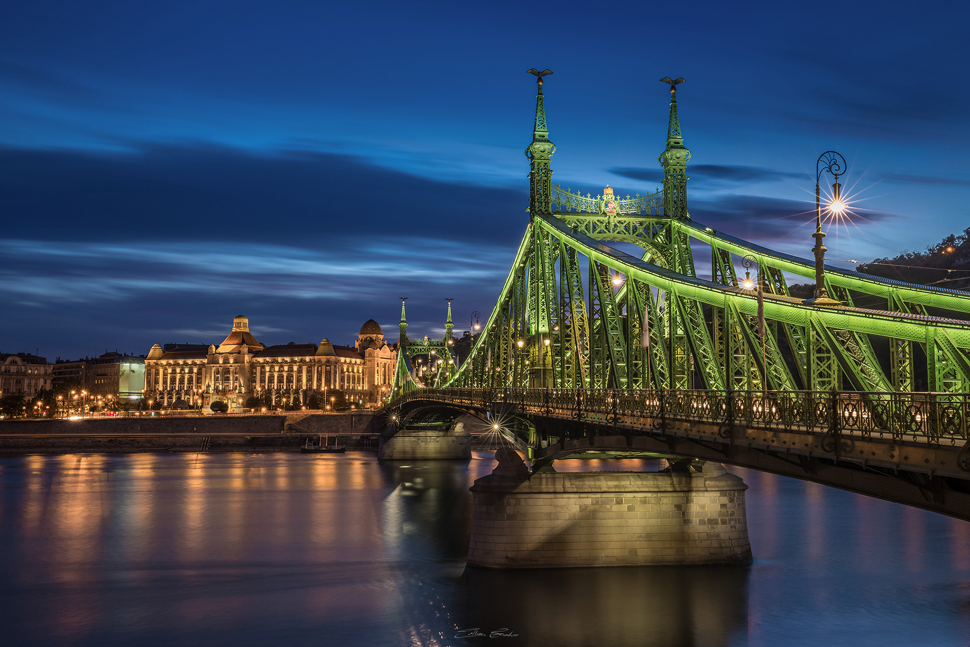 Illuminated Liberty Bridge and Hotel Gellert