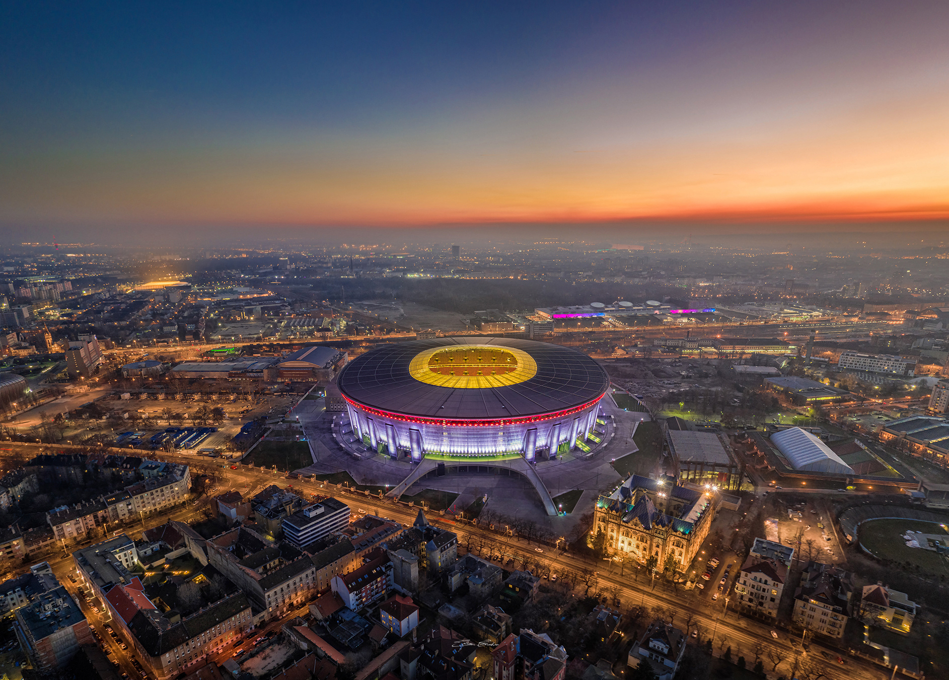 Puskás Arena from above at sunset