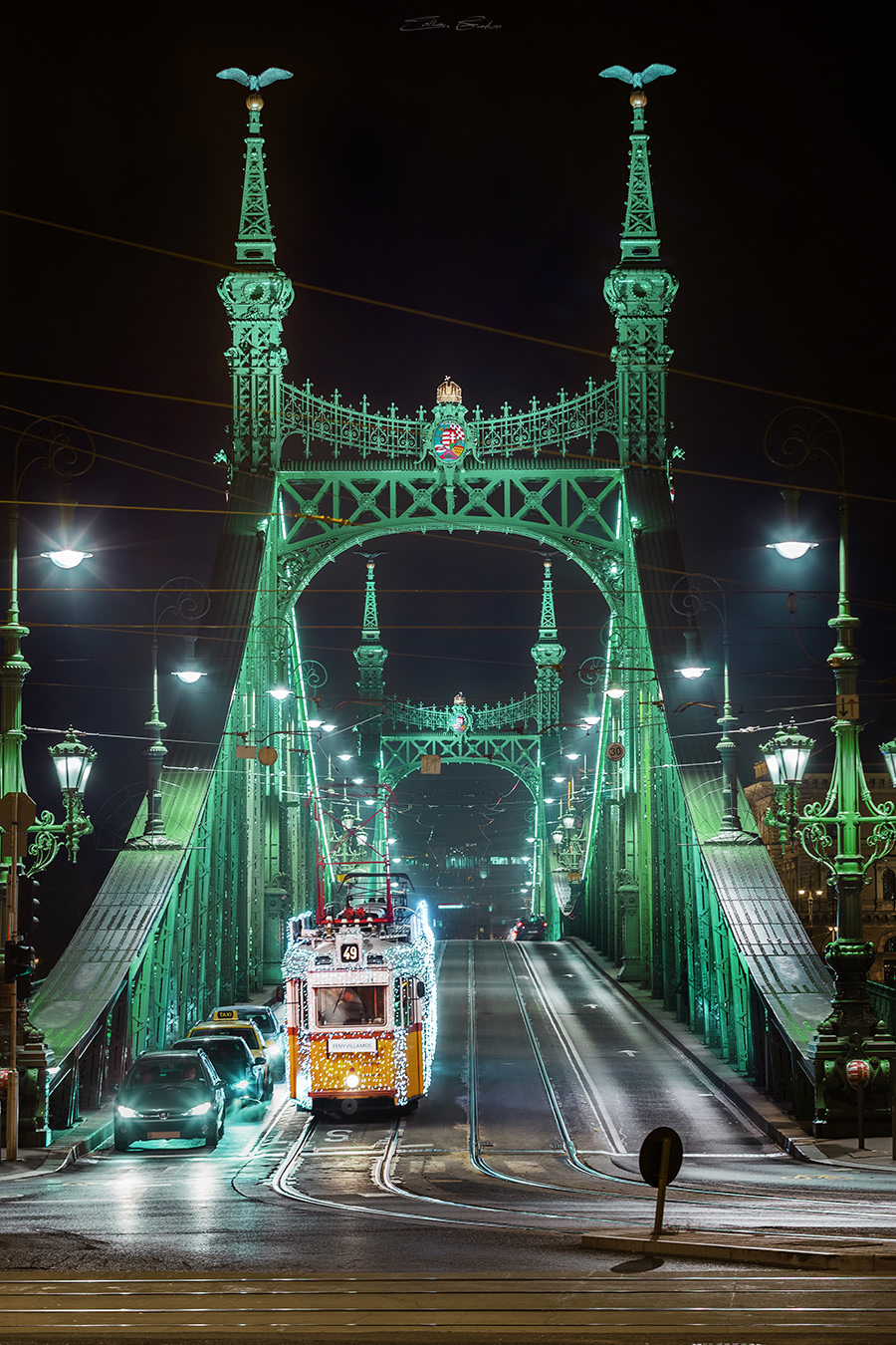 Christmas Light Tram on Liberty Bridge - Budapest, Hungary