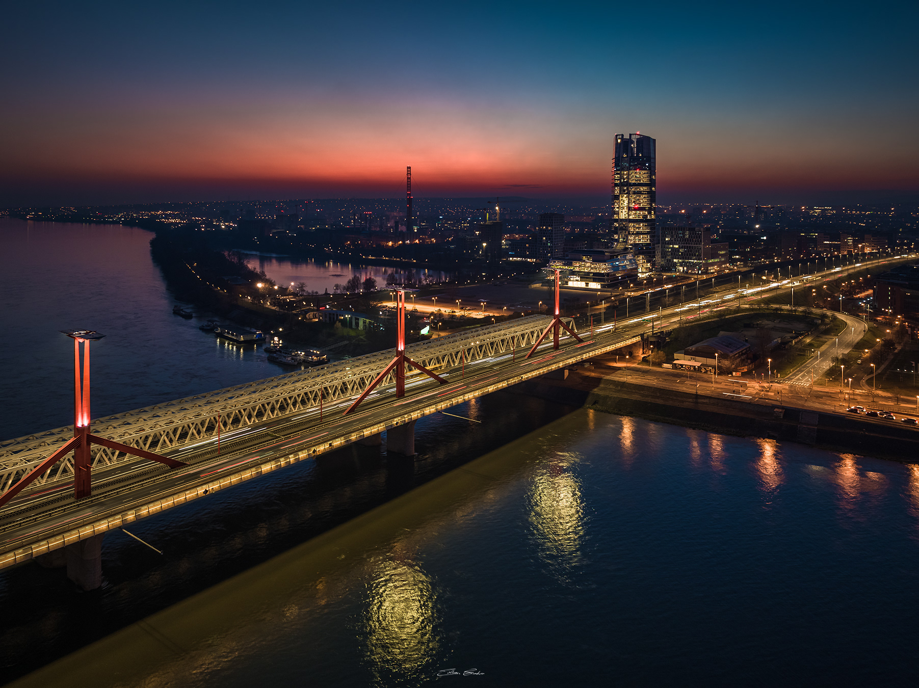 Budapest, Hungary - MOL Campus skyscraper and Rákóczi Bridge from above