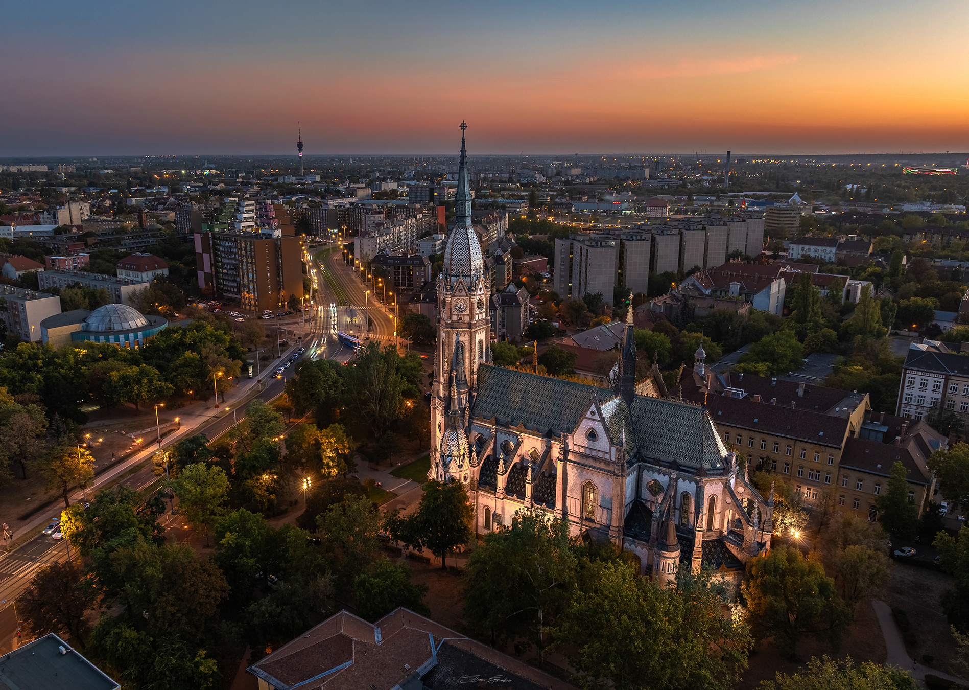 The Church of St. László from above at dusk