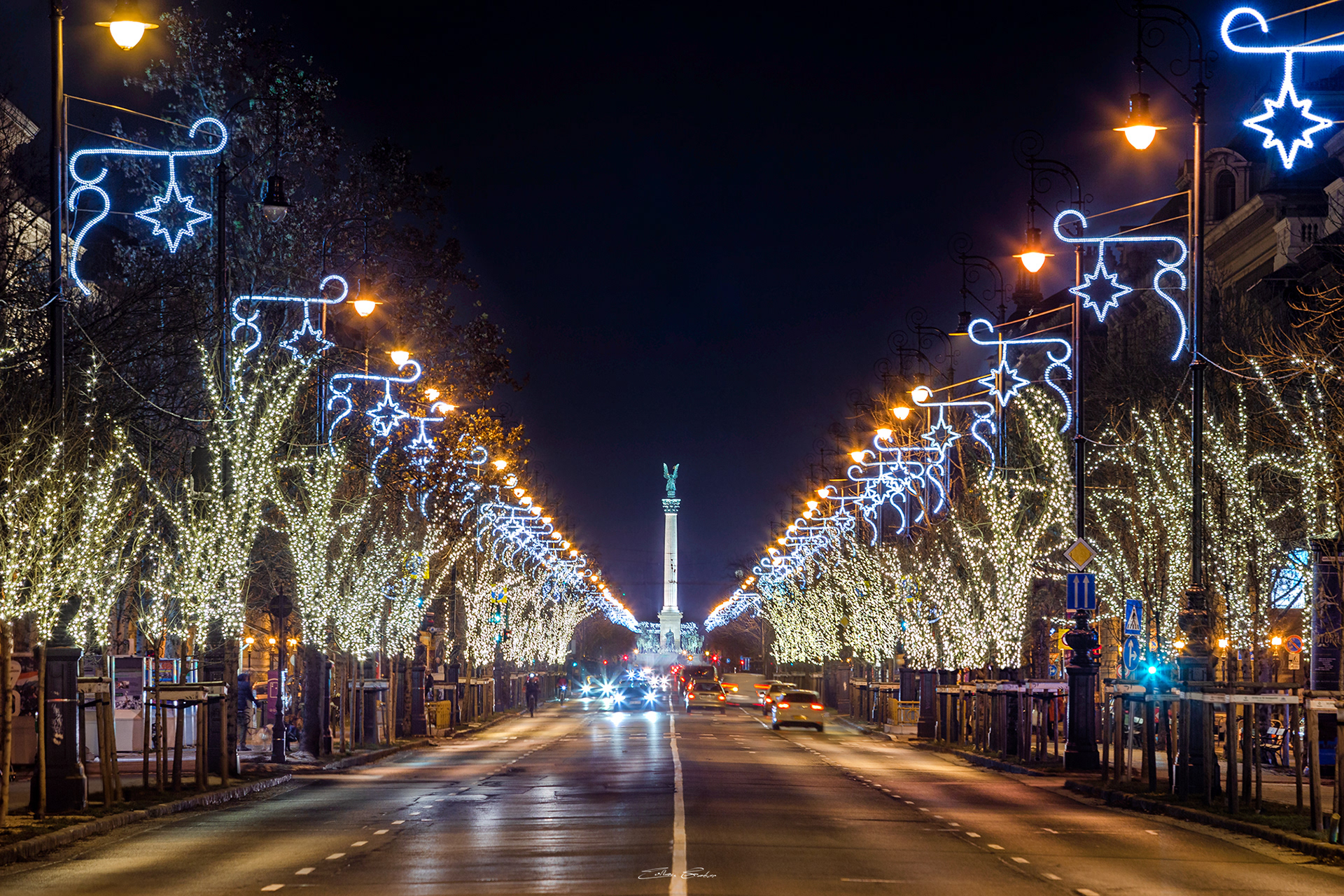 Andrassy Street with Christmas lights and Heroes' Square