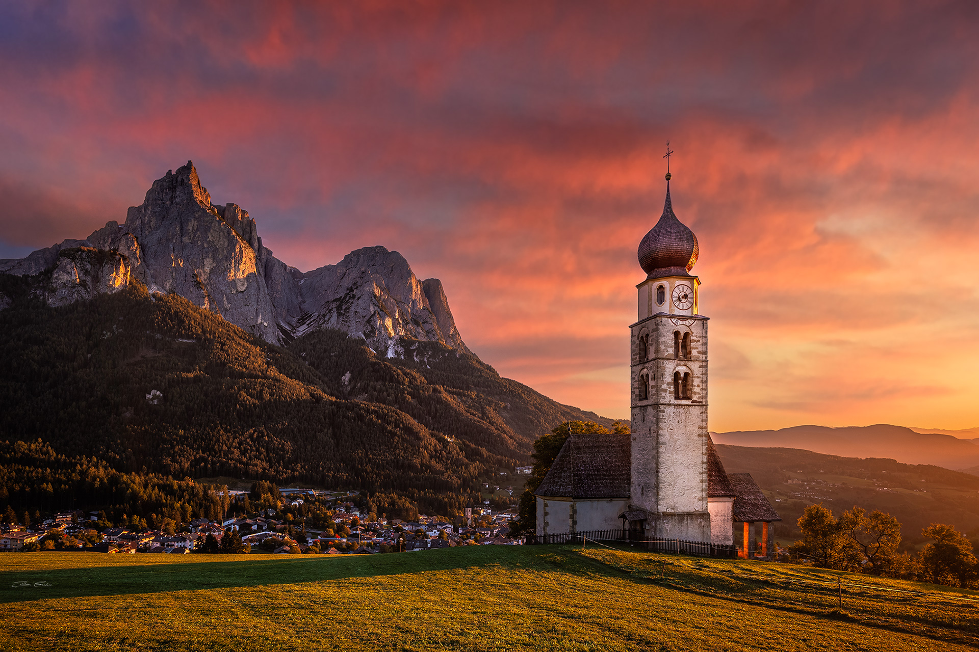 St. Valentin Church with a spectacular autumn sunset