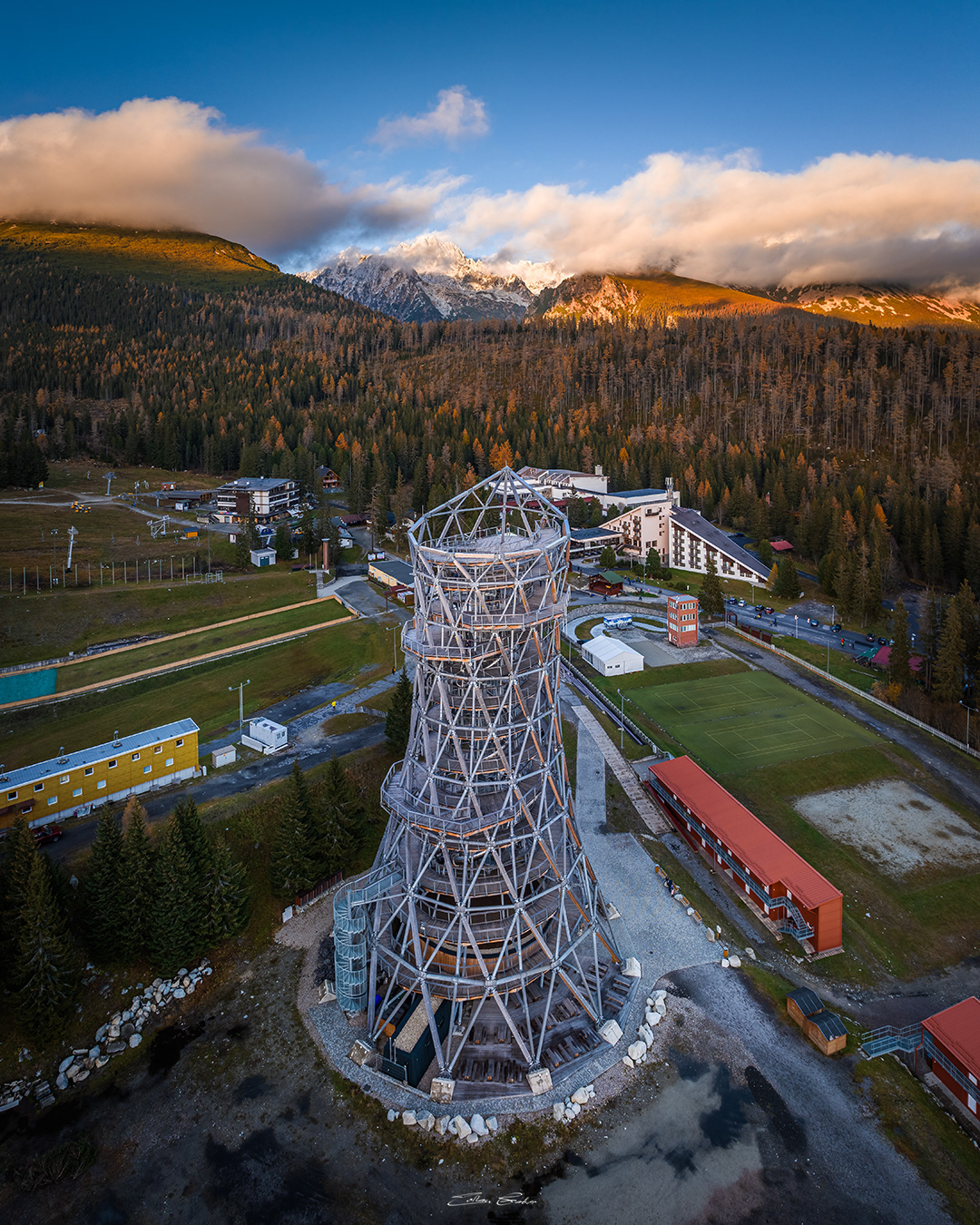 Aerial view of Tatras Tower at Strbske lake