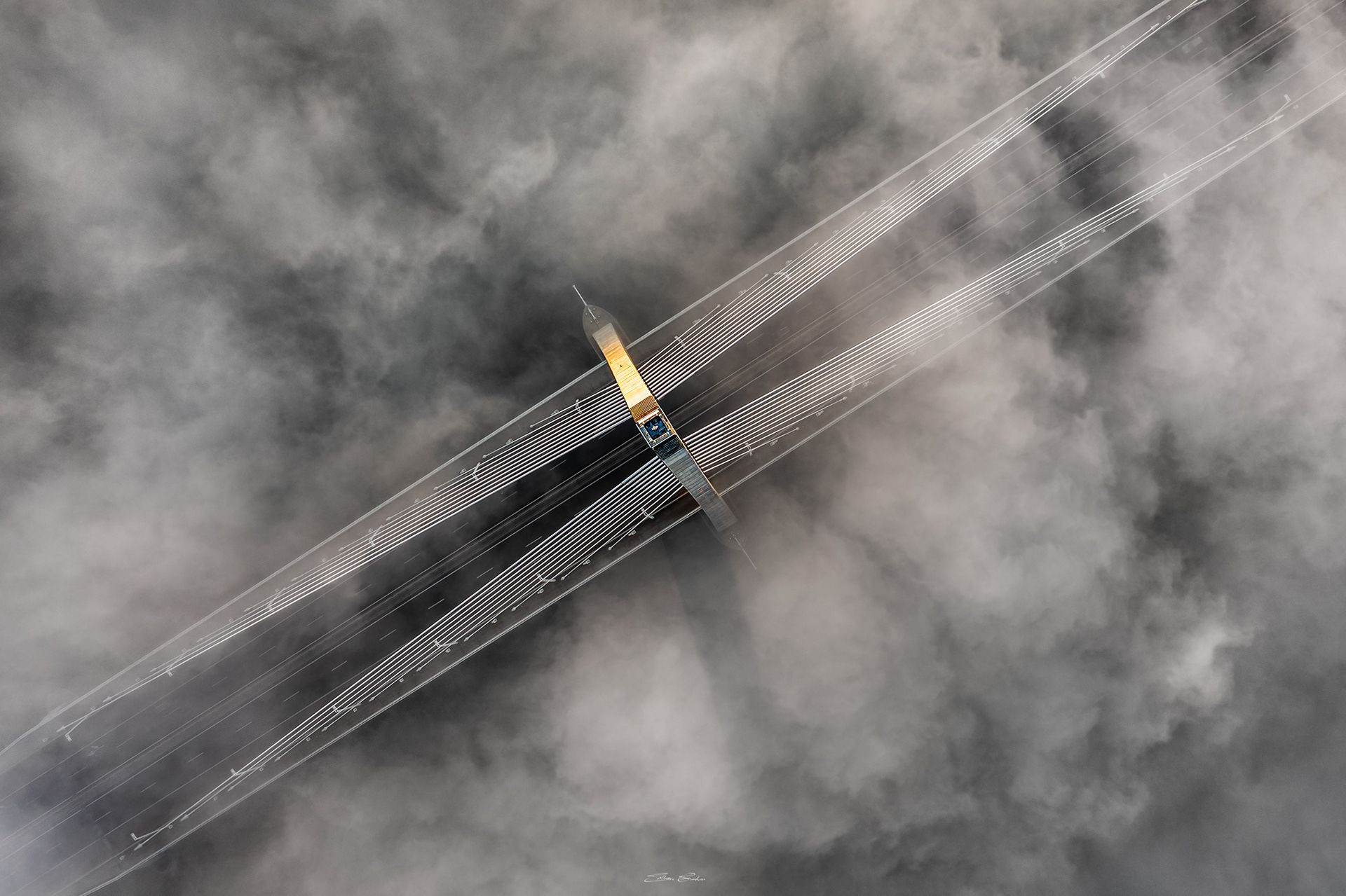 Megyeri Bridge in heavy autumn fog from above