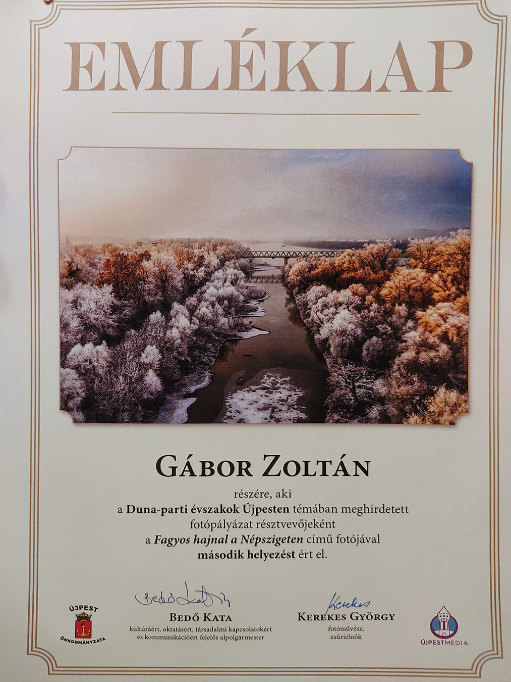 2nd place of a photo contest with my drone shot about the frostbite at Népsziget - Budapest.