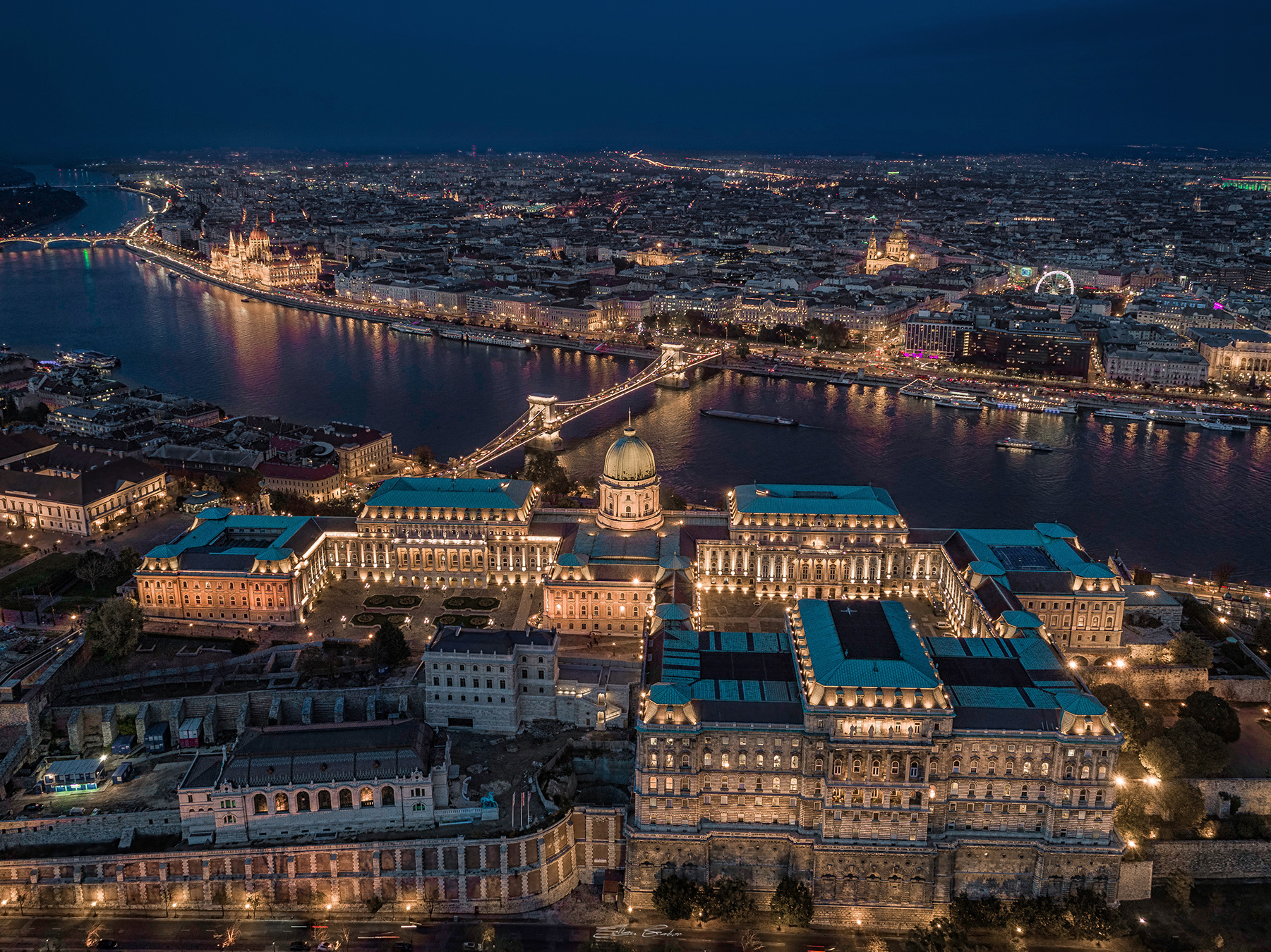 Buda Castle Royal Palace by night from above
